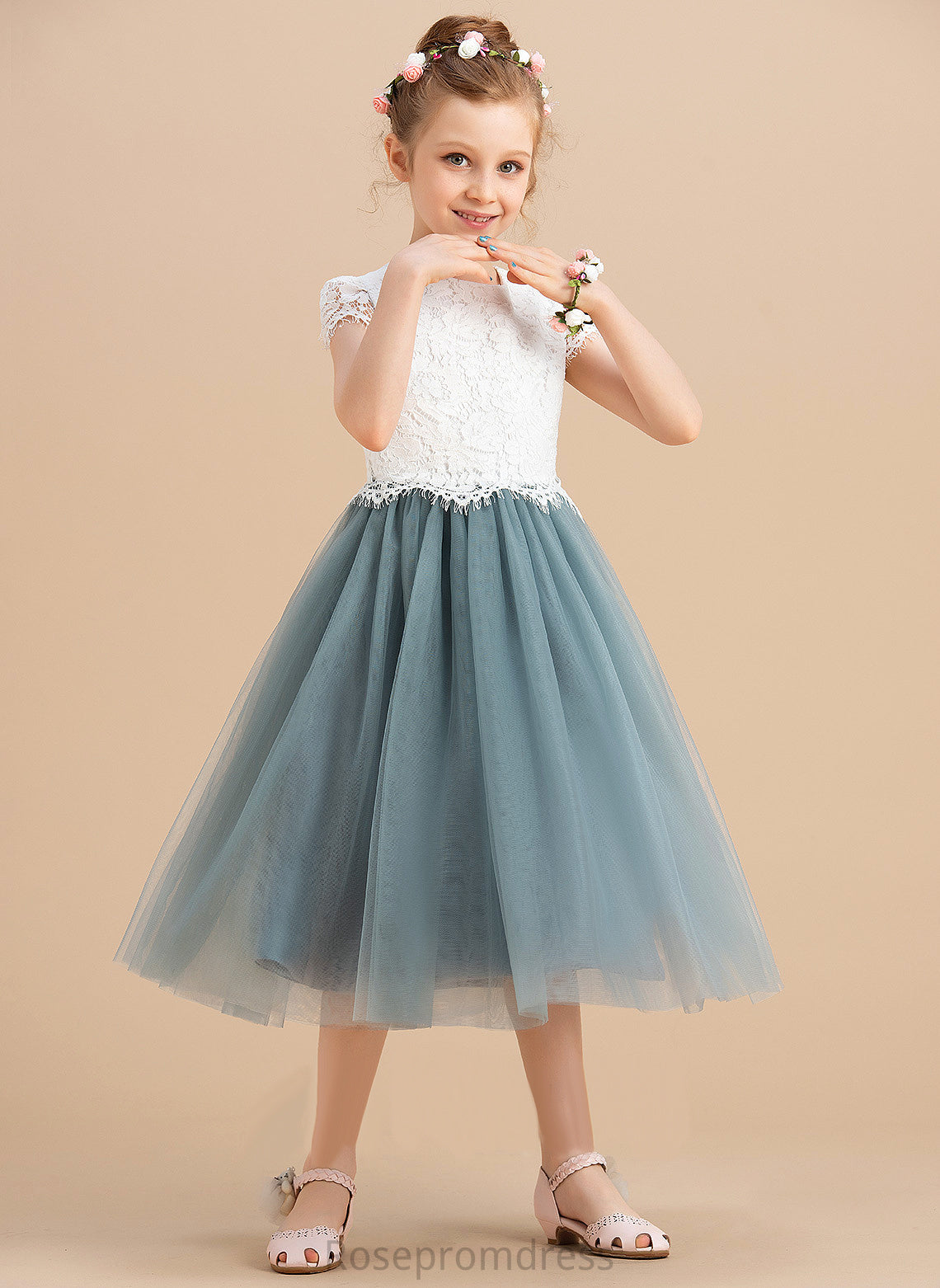 Tea-length Girl - Scoop Sleeveless Flower Flower Girl Dresses A-Line Dress Makaila Neck Tulle/Lace