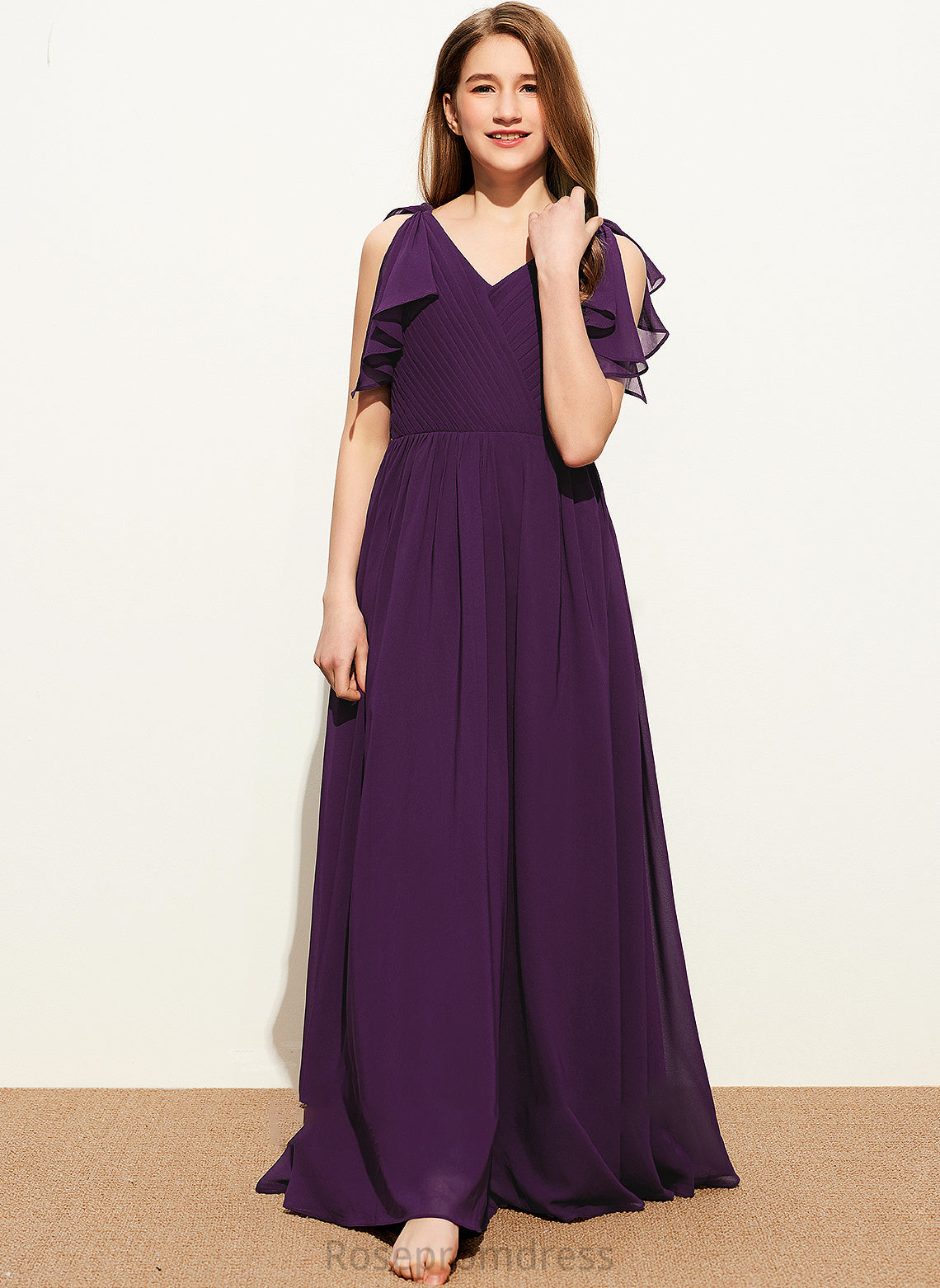 Floor-Length Junior Bridesmaid Dresses Bow(s) A-Line Ruffles Chiffon With V-neck Rosa Cascading