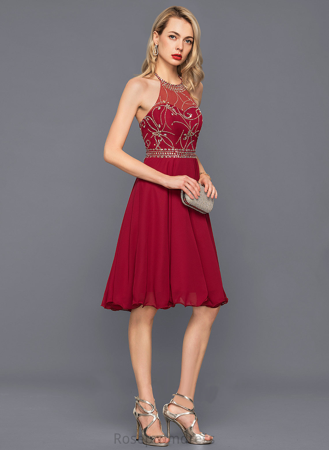 Cocktail Chiffon A-Line With Dress Beading Halter Sequins Cocktail Dresses Emily Knee-Length