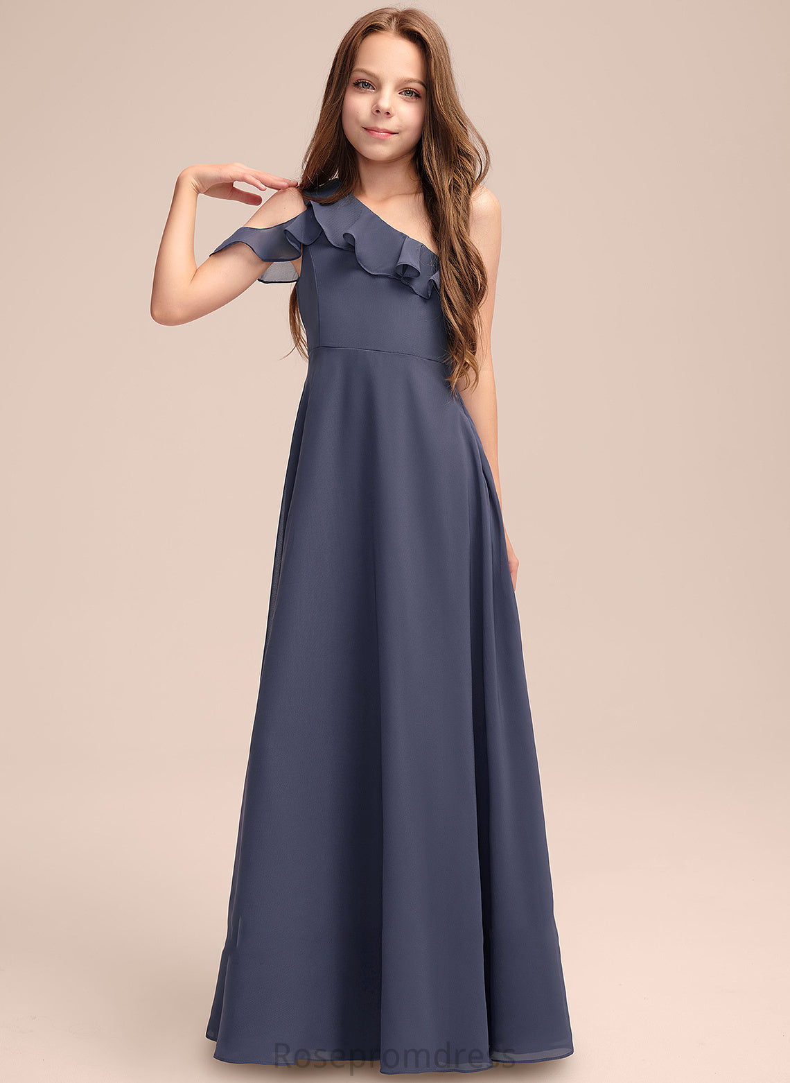 A-Line One-Shoulder With Ruffles Floor-Length Junior Bridesmaid Dresses Raegan Cascading Chiffon