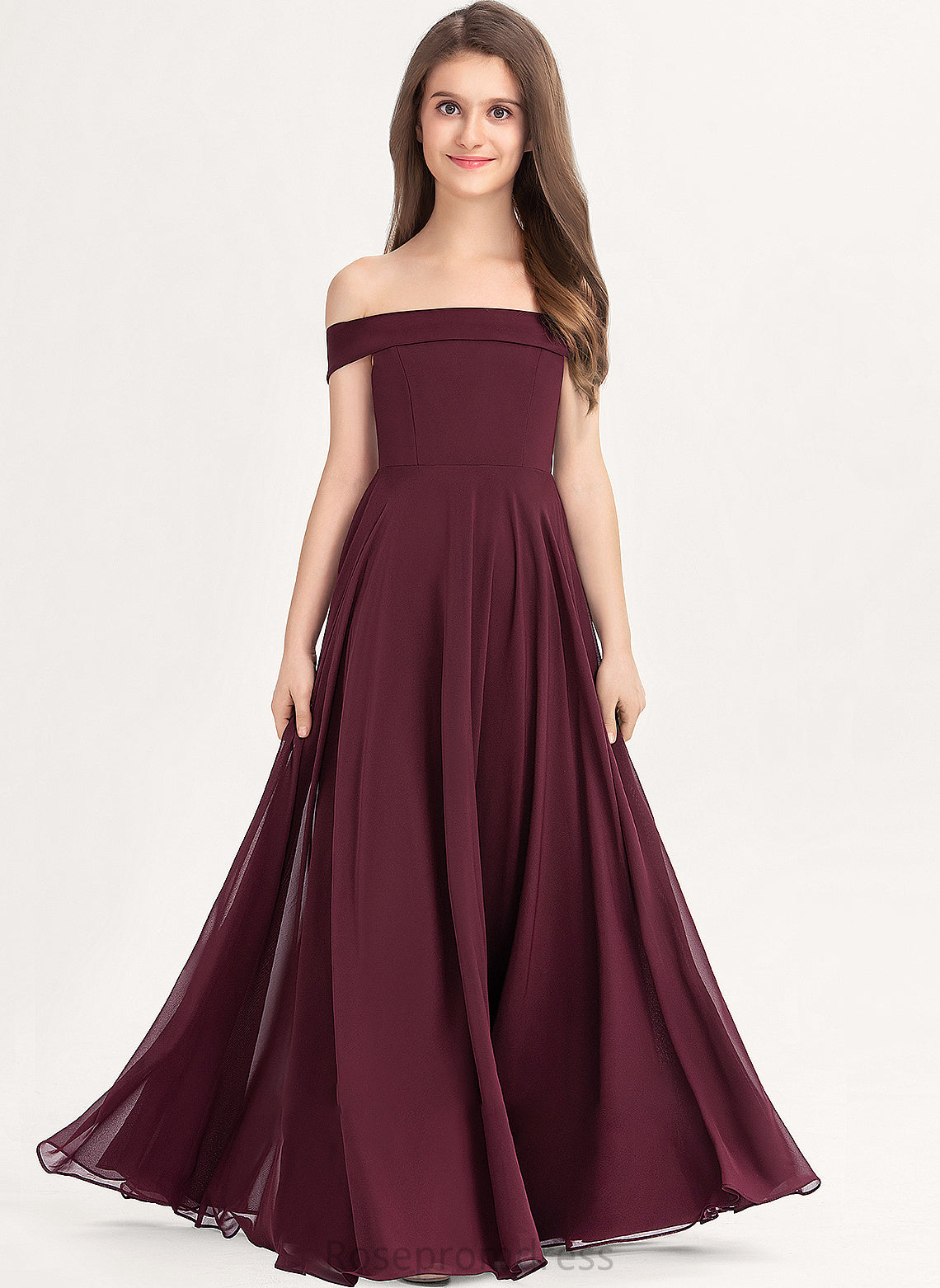 A-Line Junior Bridesmaid Dresses Off-the-Shoulder Chiffon Floor-Length Stacy