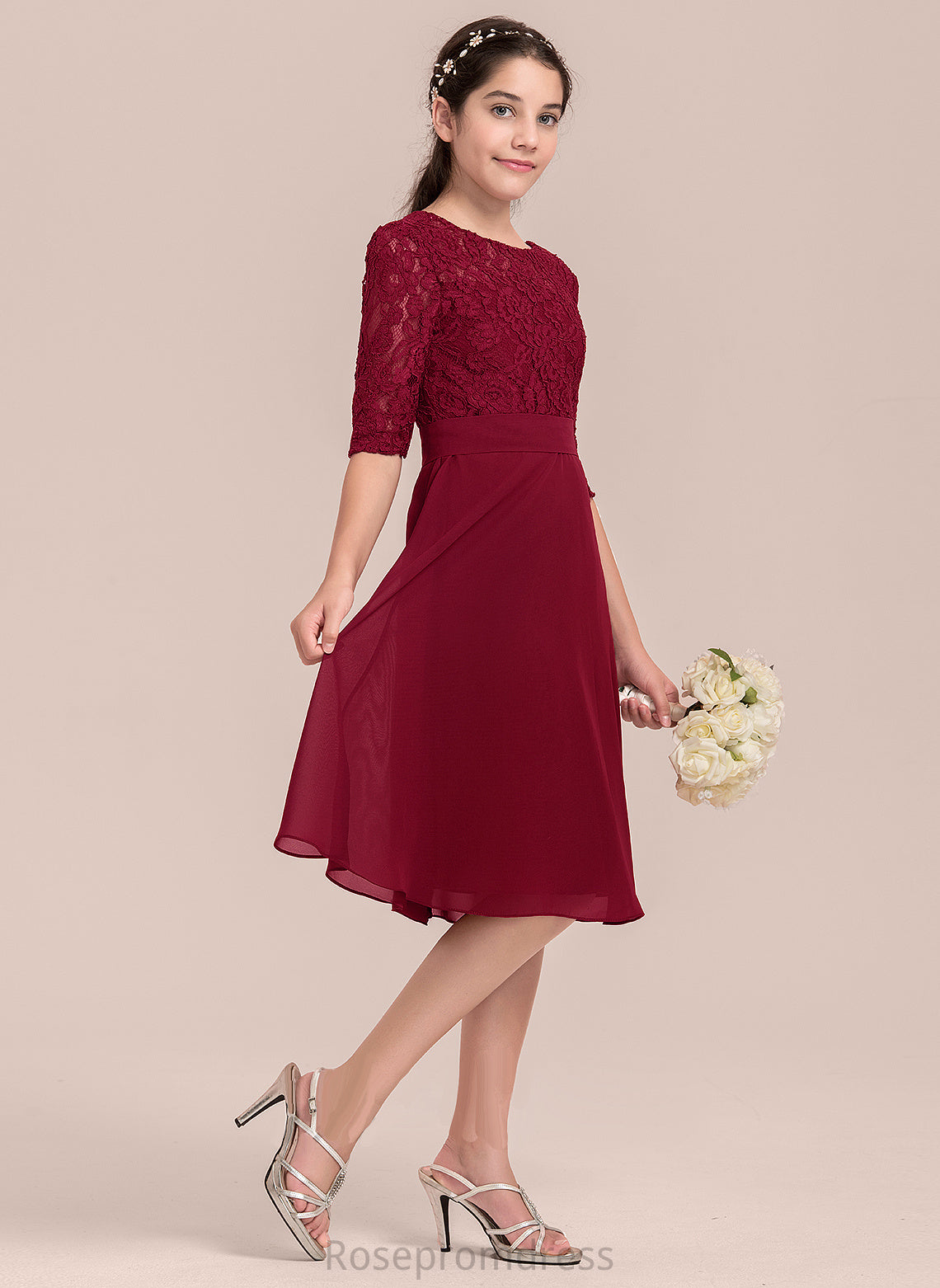 Adeline Neck Junior Bridesmaid Dresses Knee-Length A-Line Scoop Chiffon