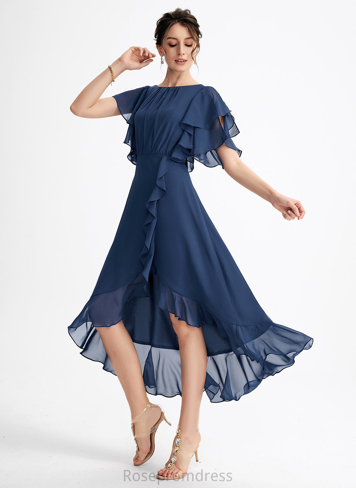 Chiffon A-Line Lauren Cascading Dress With Cocktail Cocktail Dresses Ruffles Neck Asymmetrical Scoop