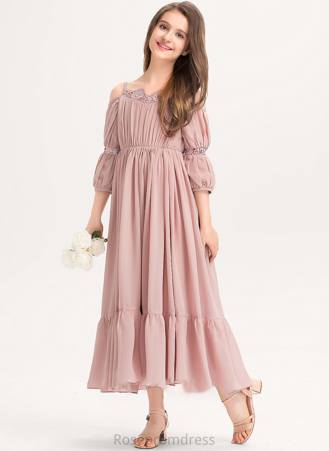 A-Line Lace Chiffon Ruffle Square With Noemi Ankle-Length Junior Bridesmaid Dresses Neckline