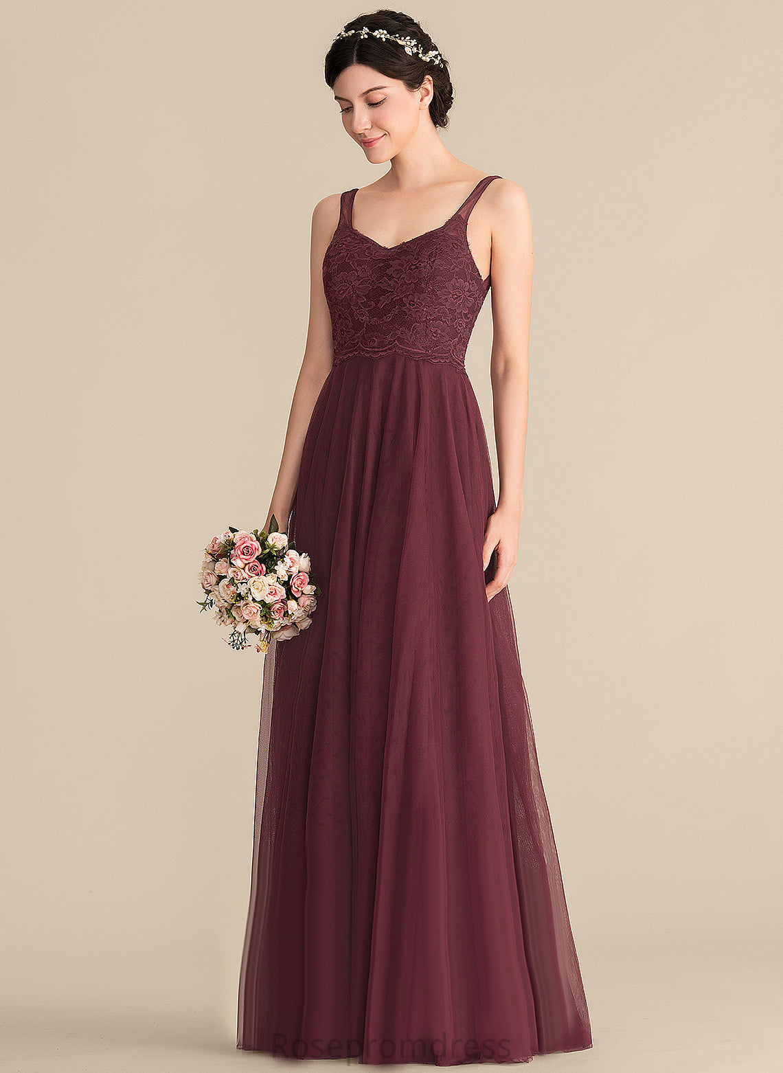 Floor-Length Length Straps&Sleeves Neckline A-line Silhouette Fabric Tulle V-Neck Lace Natalya Sleeveless Bridesmaid Dresses