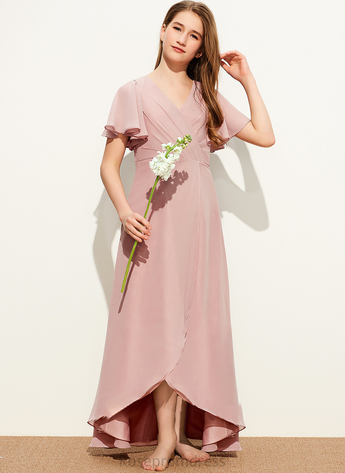 Asymmetrical A-Line Ruffle Junior Bridesmaid Dresses V-neck With Chiffon Annika