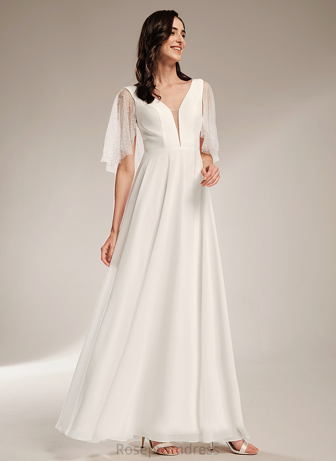 With A-Line Wedding V-neck Eliana Beading Wedding Dresses Chiffon Floor-Length Dress