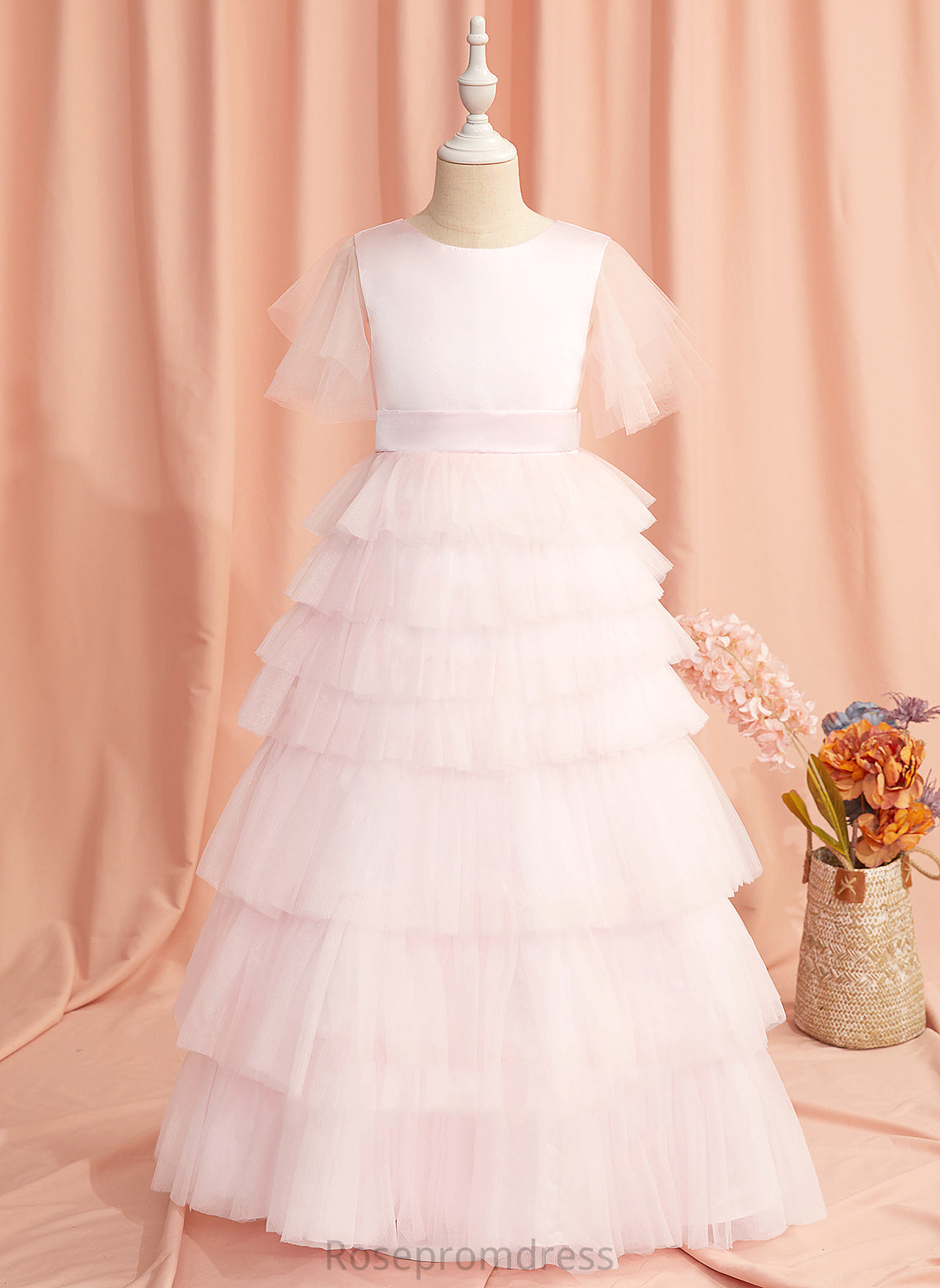 Tulle Ruffles/V Flower Girl Dresses Alessandra Neck Ball-Gown/Princess Flower Short Floor-length With Girl Back Dress Sleeves - Scoop