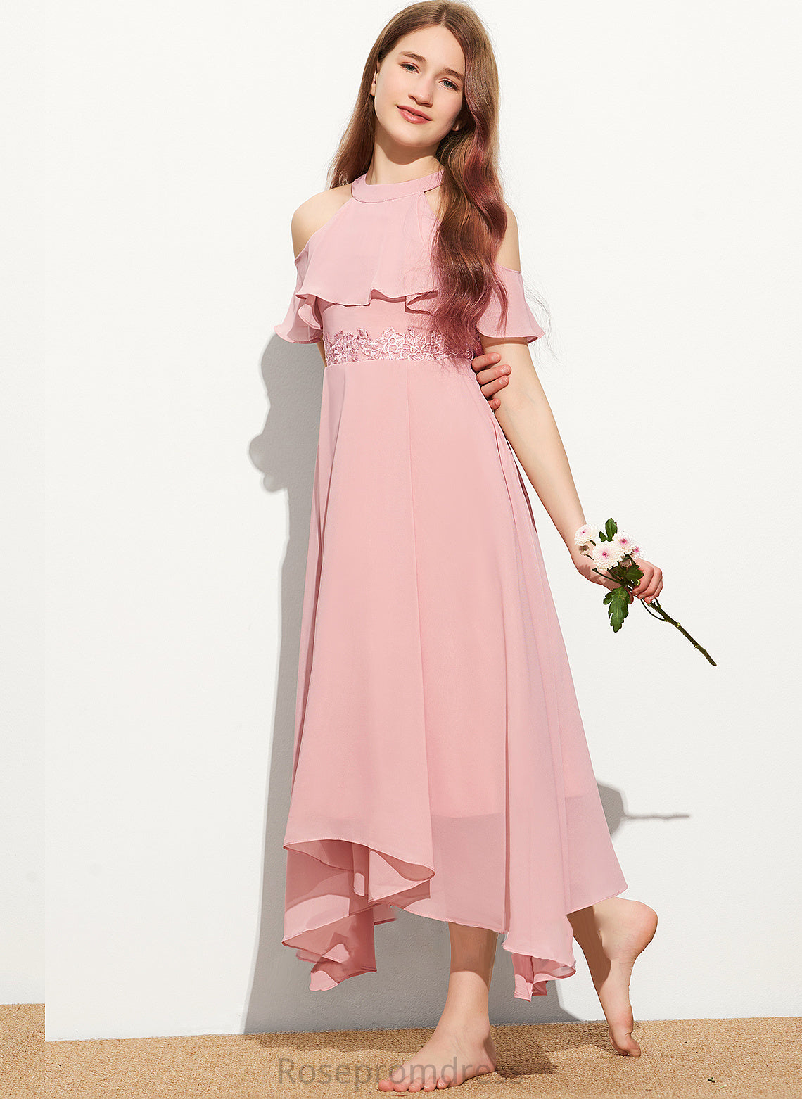 Cloe Chiffon Lace A-Line Neck Tea-Length Scoop Junior Bridesmaid Dresses