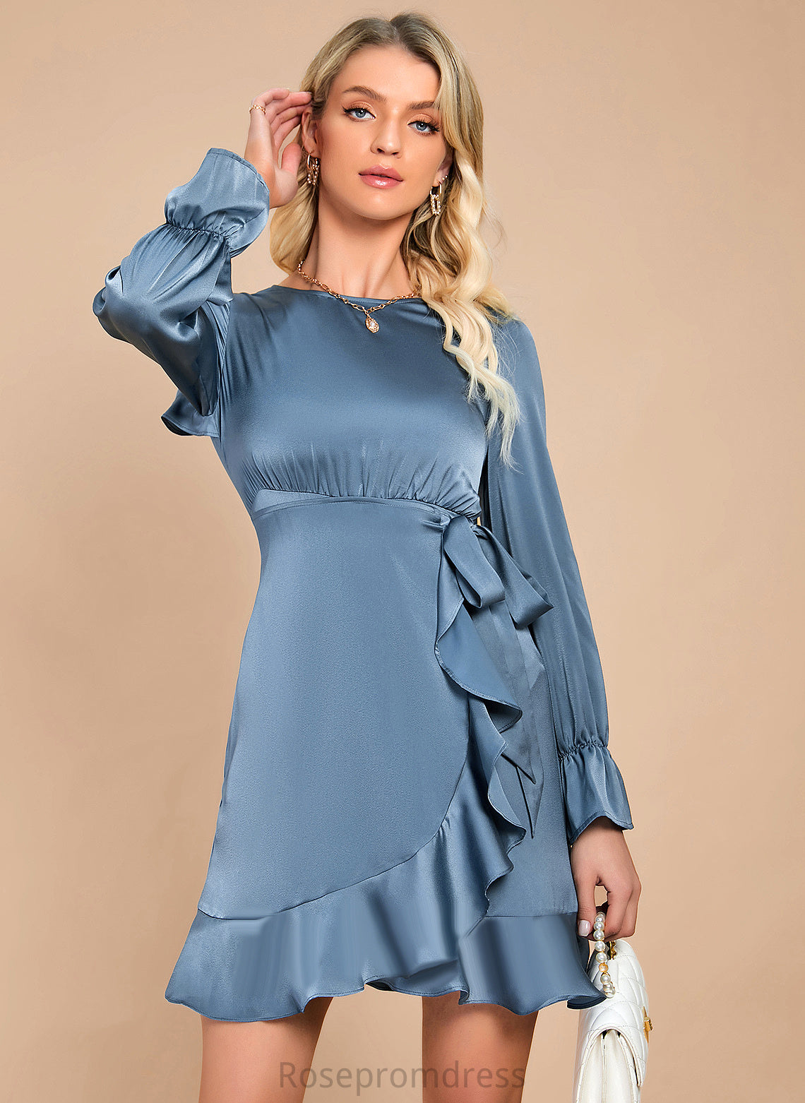 Lola Sleeves Long Round Elegant Neck A-line Mini Satin Dresses Club Dresses