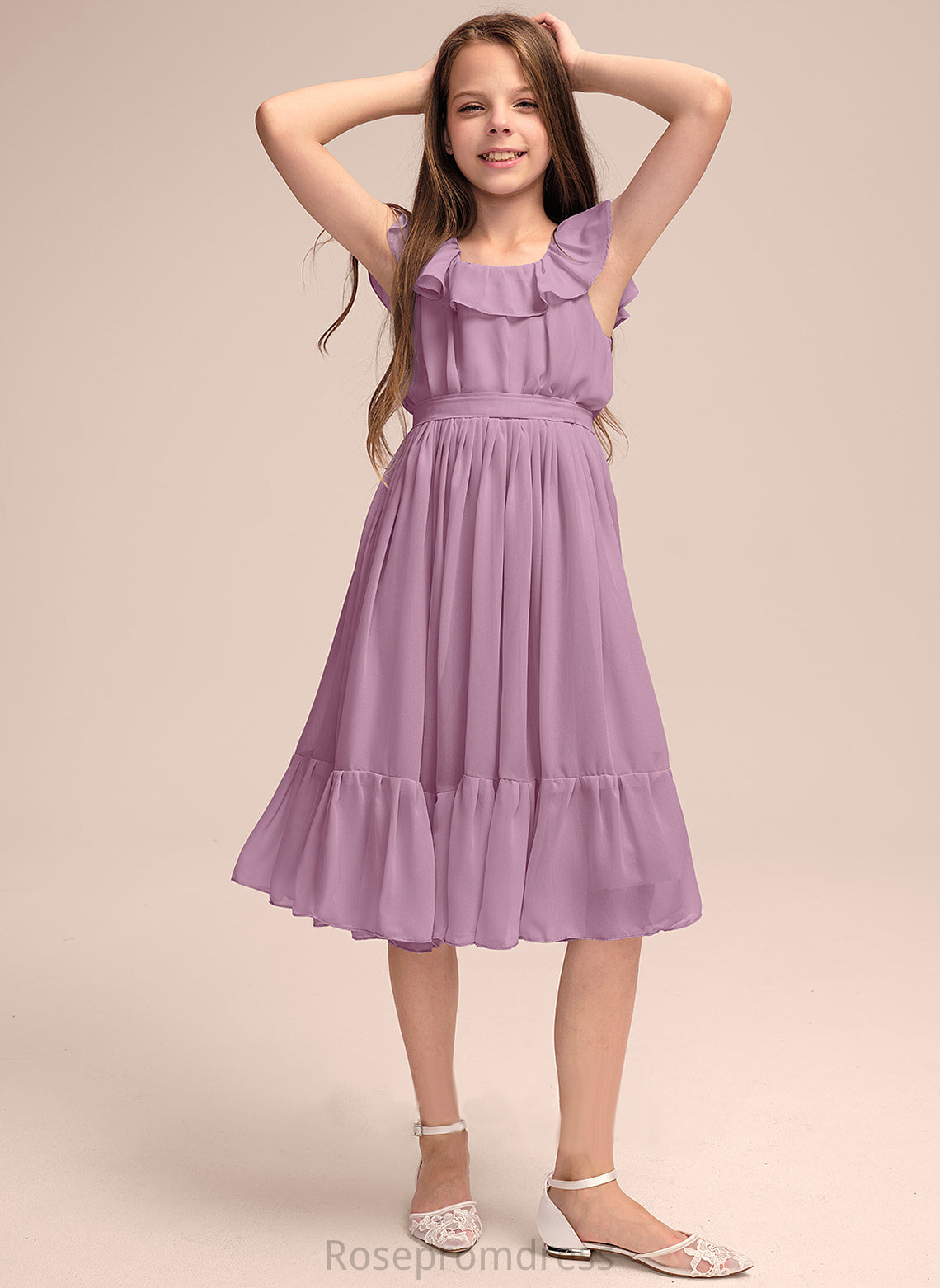 Junior Bridesmaid Dresses Scoop Cascading Bow(s) Knee-Length Chiffon Ruffles With A-Line Neck Eleanor