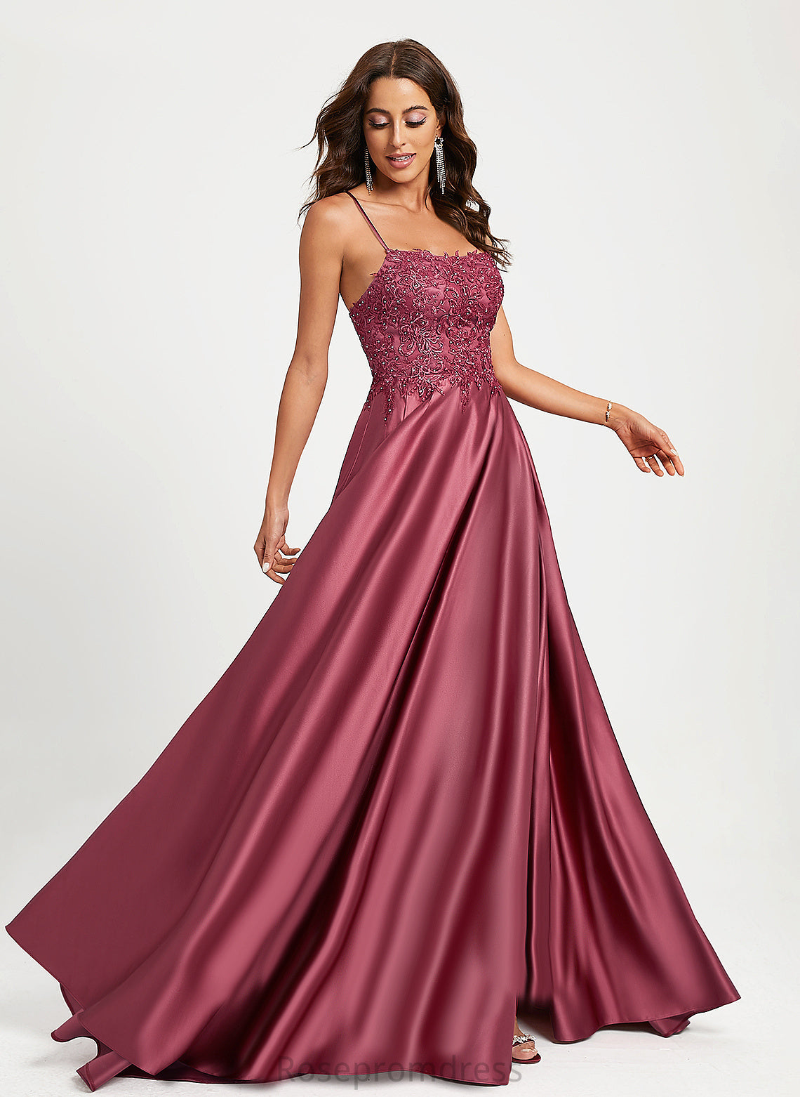 Sequins Beading Satin Prom Dresses Kay Train A-Line With Square Sweep