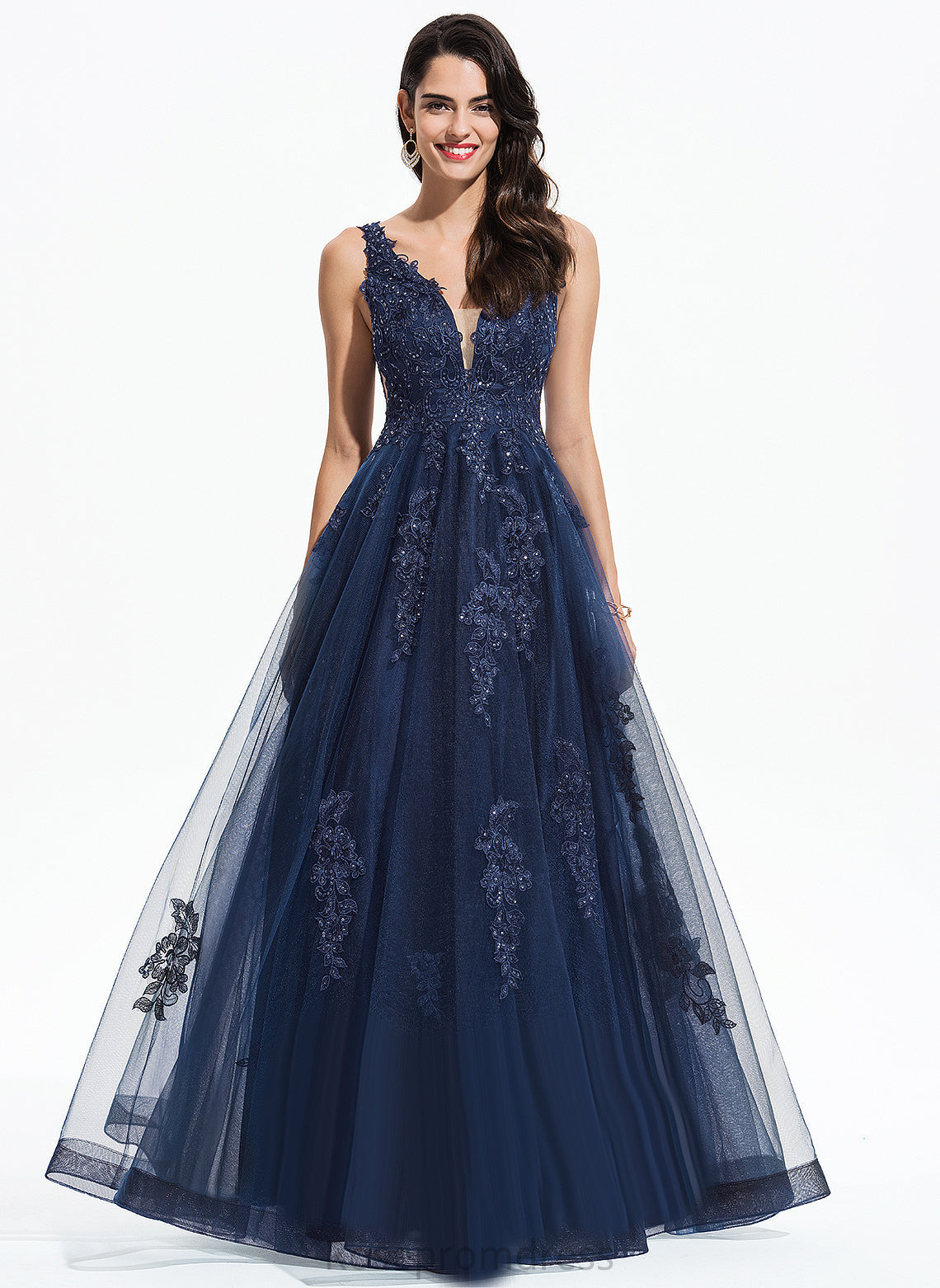 Tulle Sequins Claire Floor-Length With V-neck A-Line Prom Dresses