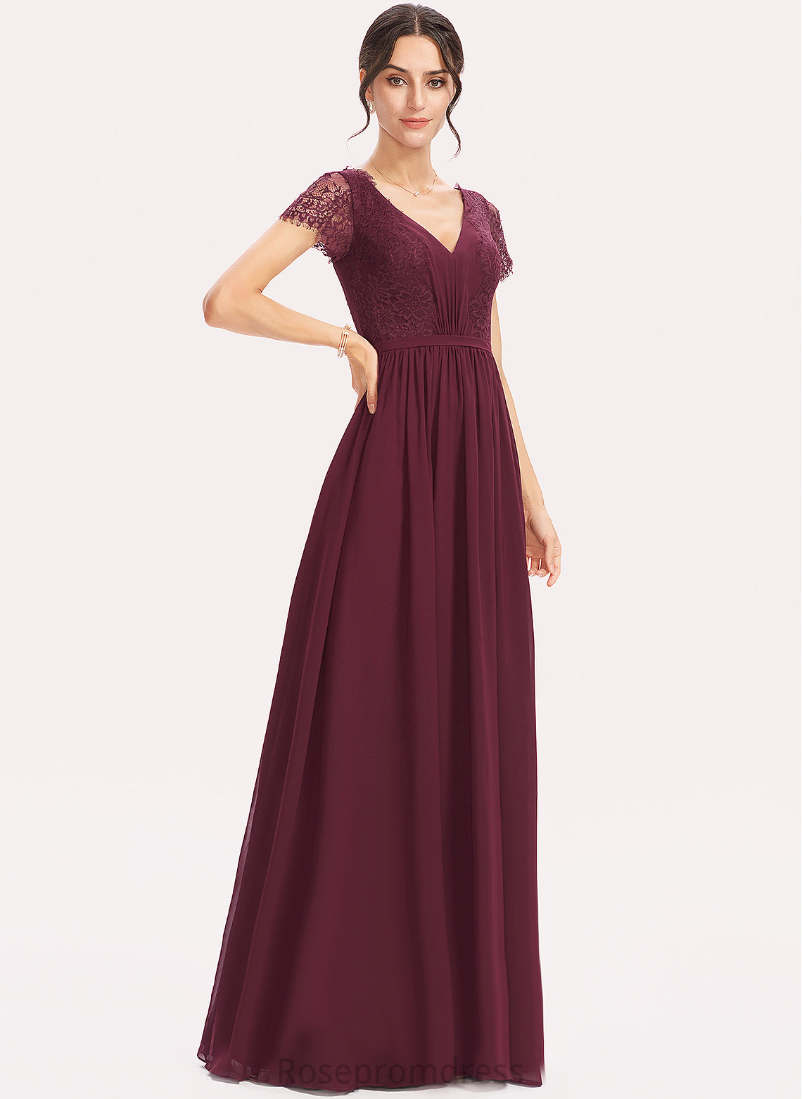 Neckline Lace Fabric Length V-Neck A-line Silhouette Floor-Length Straps&Sleeves Akira Bridesmaid Dresses