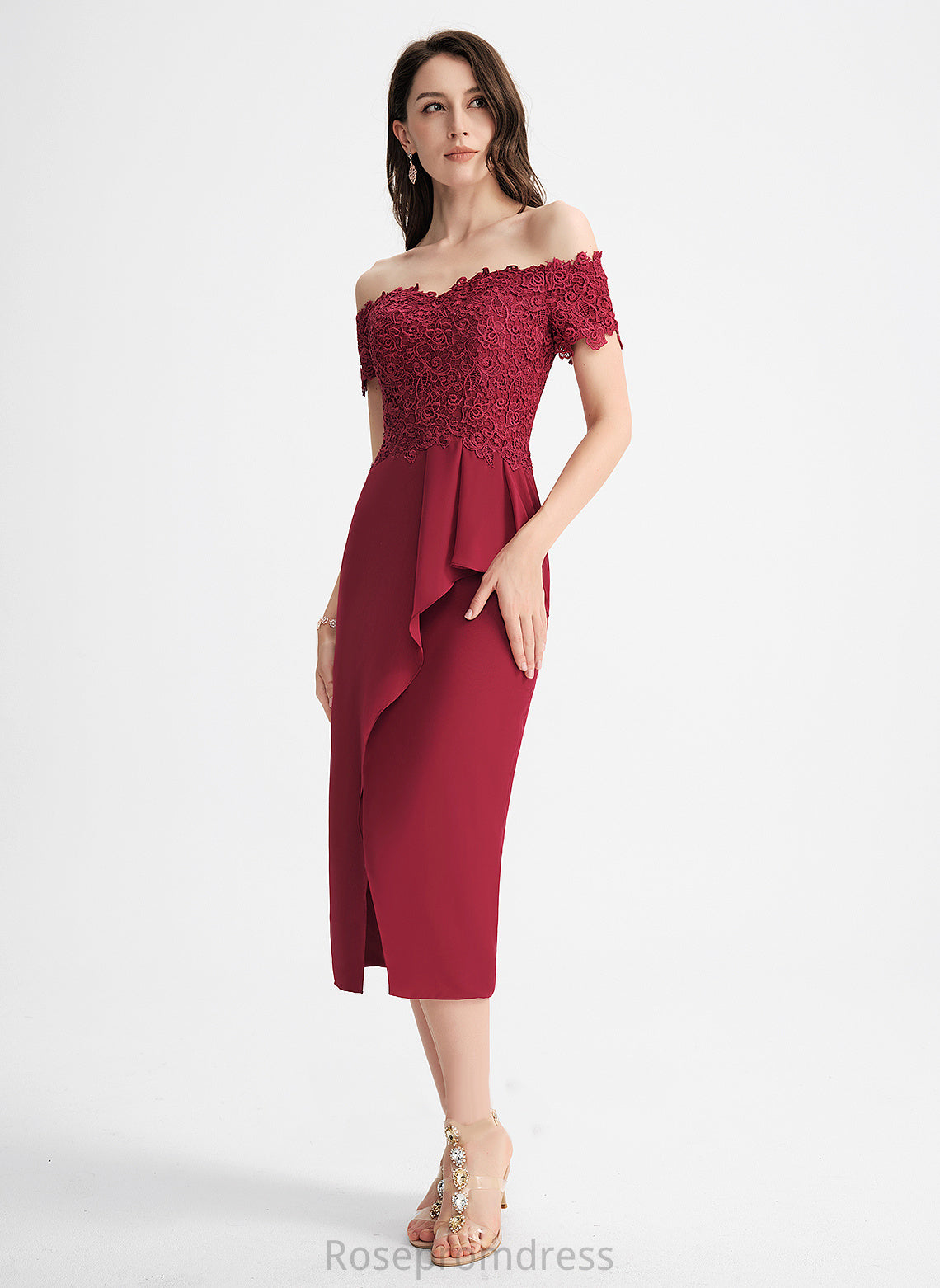 Sheath/Column Lace Maci Tea-Length Dress Chiffon Cocktail Dresses Off-the-Shoulder Cocktail