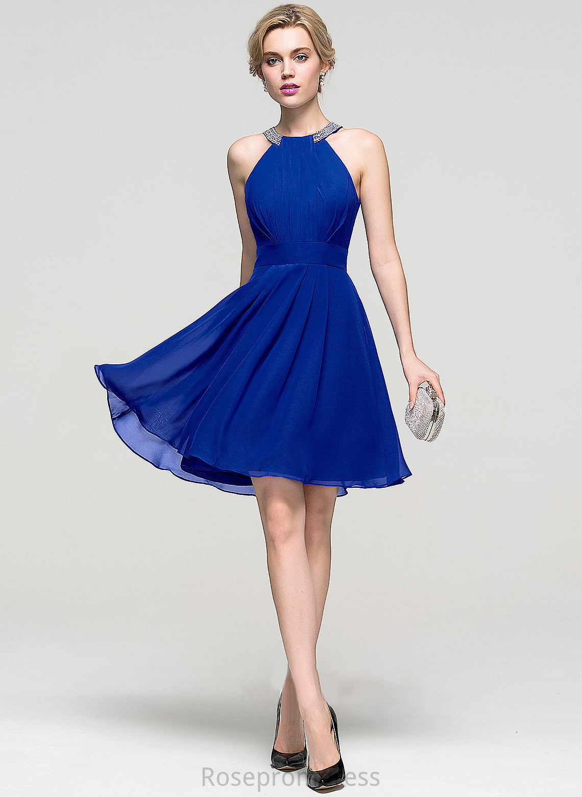 A-Line With Marilyn Ruffle Knee-Length Chiffon Beading Neck Scoop Prom Dresses