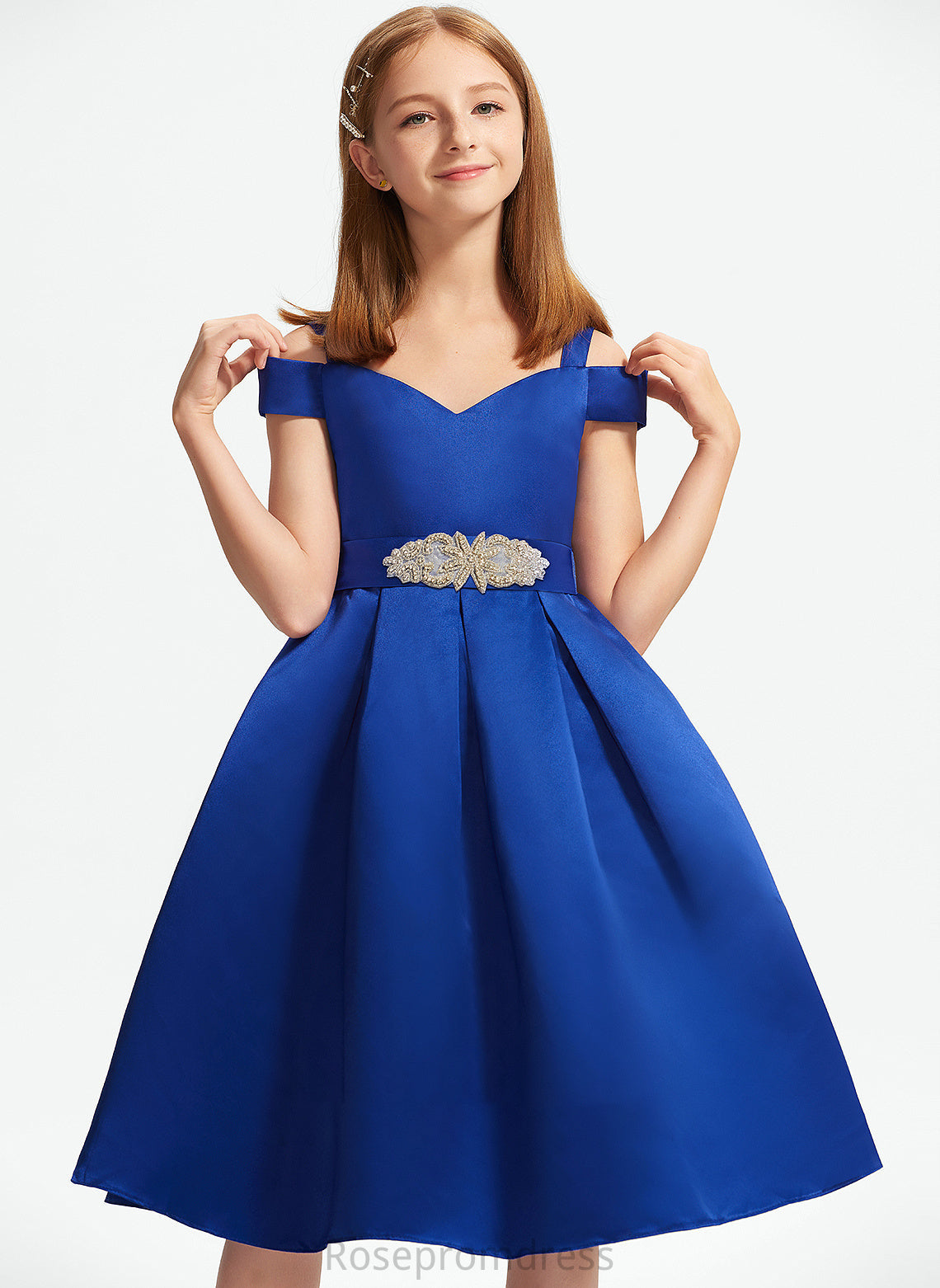 Beading Knee-Length A-Line Raven Satin Bow(s) Off-the-Shoulder With Junior Bridesmaid Dresses