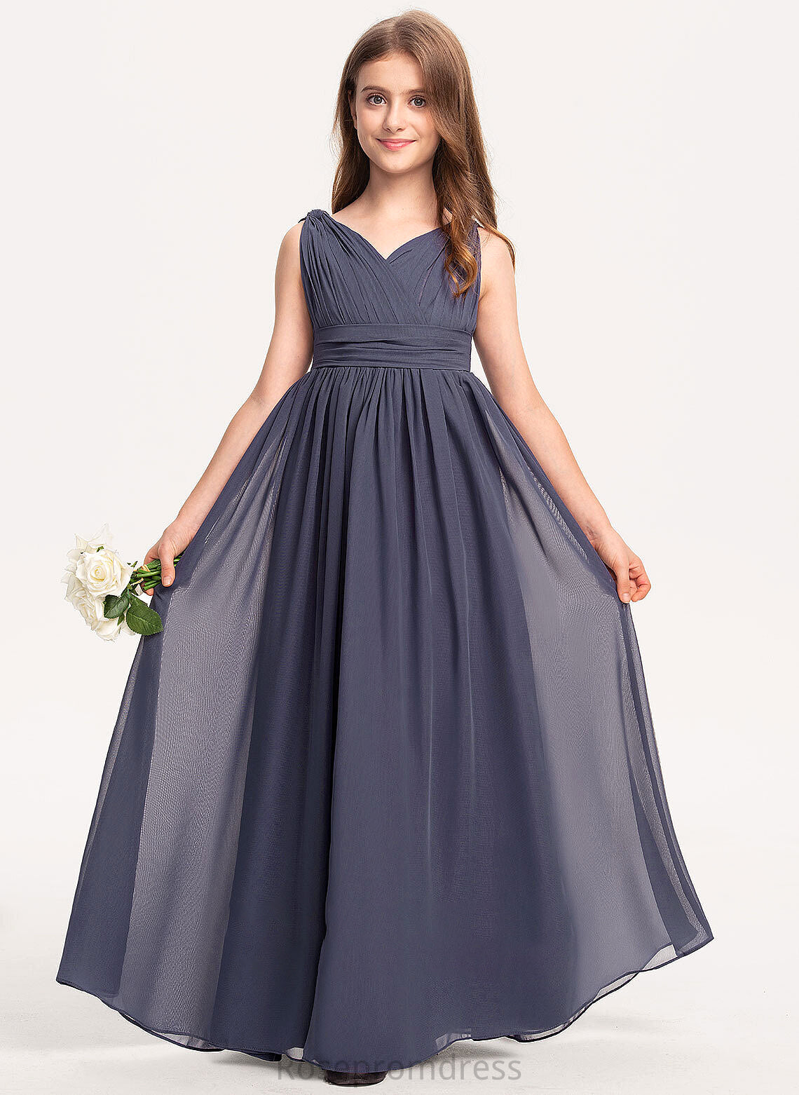 With A-Line Floor-Length V-neck Ruffle Junior Bridesmaid Dresses Chiffon Ashanti