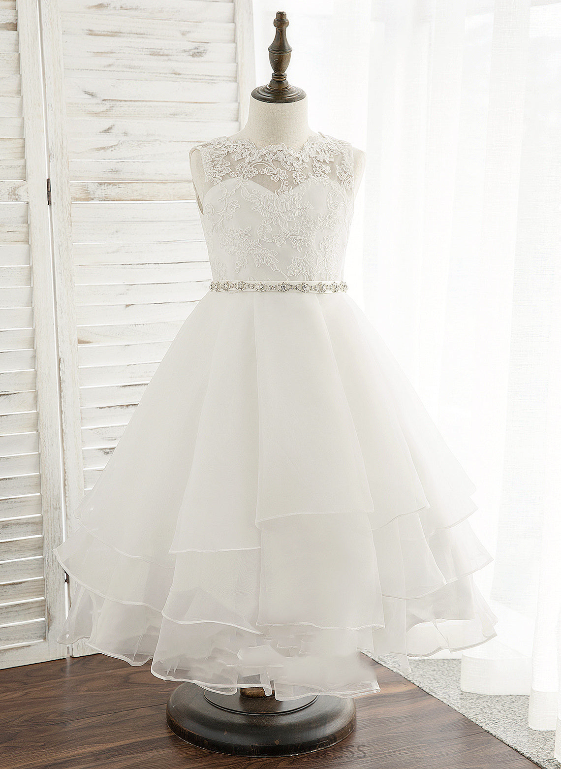 Tea-length Dress Sleeveless Girl - Organza/Lace Carolyn With Neck Flower Flower Girl Dresses A-Line Scoop Beading/Rhinestone