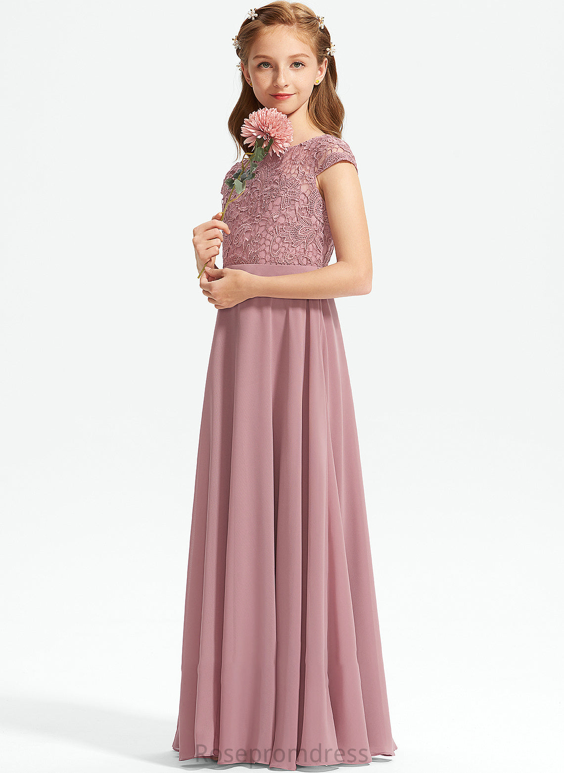 A-Line Chiffon Addyson Scoop Lace Neck Floor-Length Junior Bridesmaid Dresses