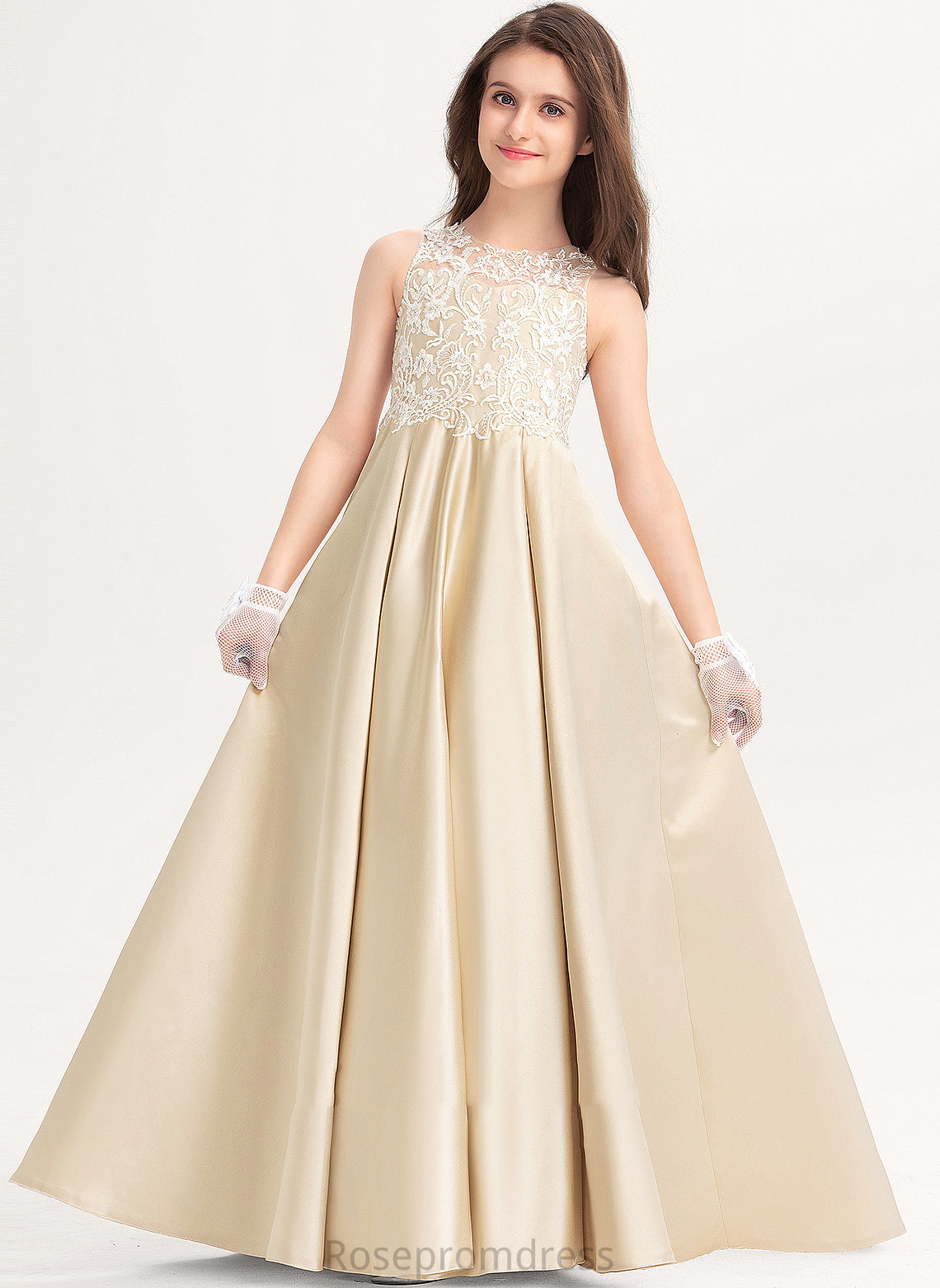 Satin Amiah Junior Bridesmaid Dresses Scoop Ball-Gown/Princess Lace Neck Floor-Length