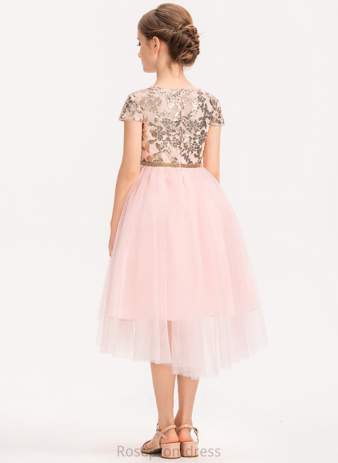 Junior Bridesmaid Dresses Tulle With A-Line Sequins Asymmetrical Elyse Neck Scoop