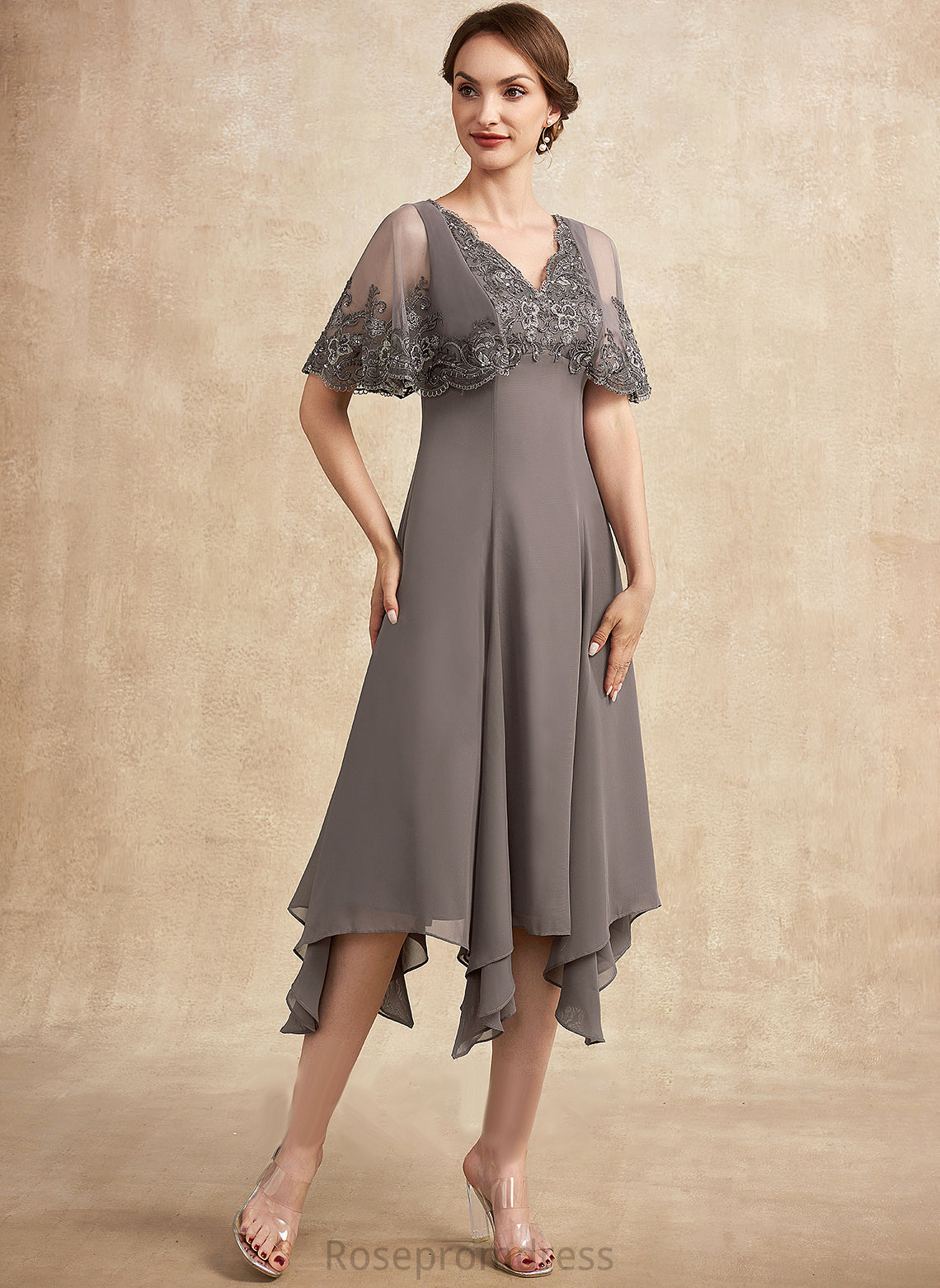 Mother Bride With the Dress Lace Sequins Alicia of Tea-Length V-neck Beading A-Line Chiffon Mother of the Bride Dresses