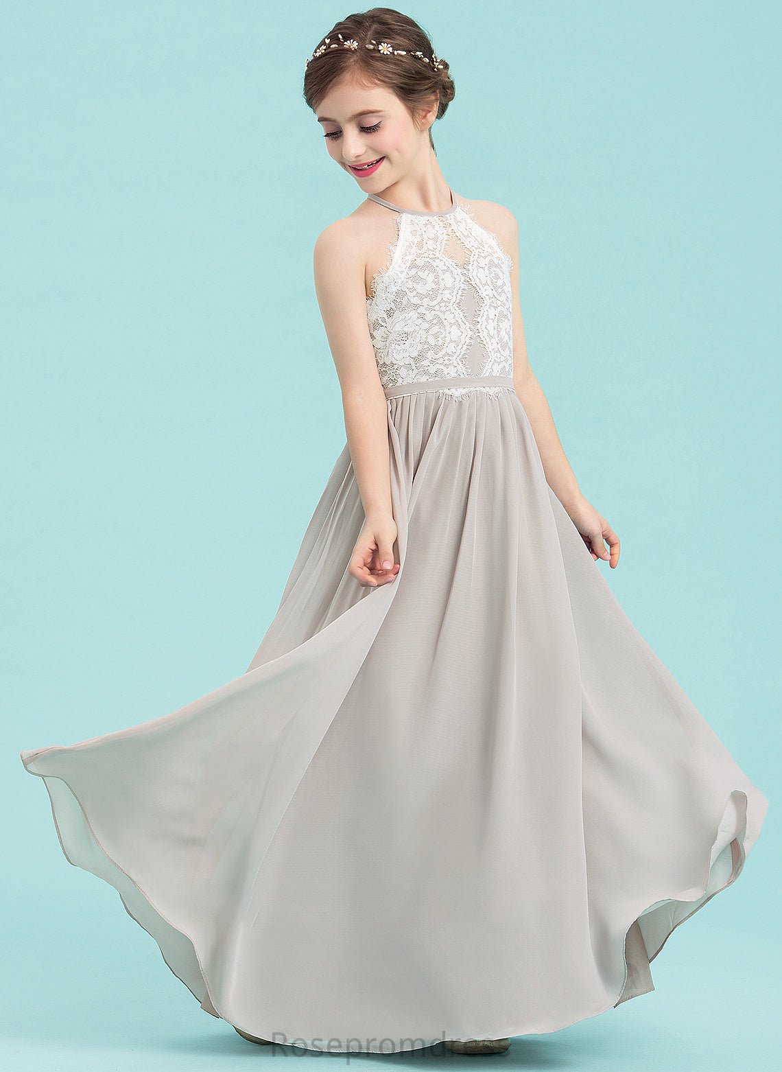 Scoop Junior Bridesmaid Dresses Sidney A-Line Chiffon Floor-Length Neck