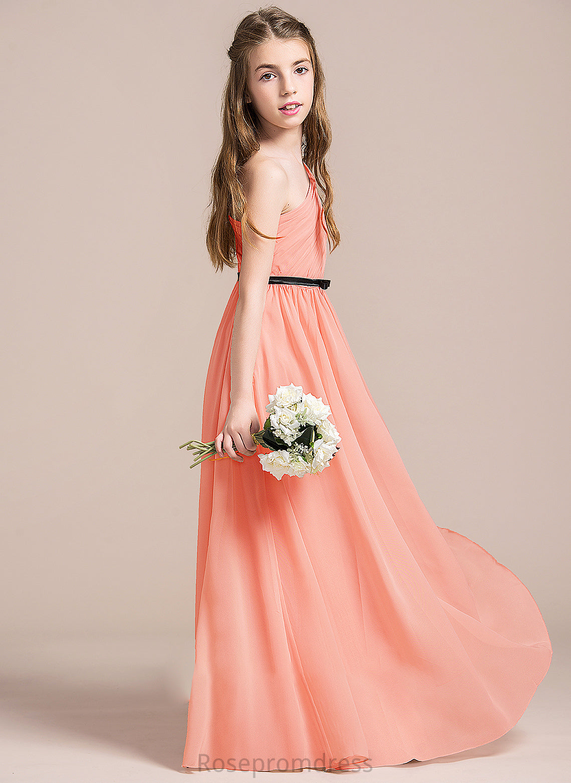 A-Line Junior Bridesmaid Dresses Ruffle Asia One-Shoulder Chiffon Floor-Length With Bow(s)