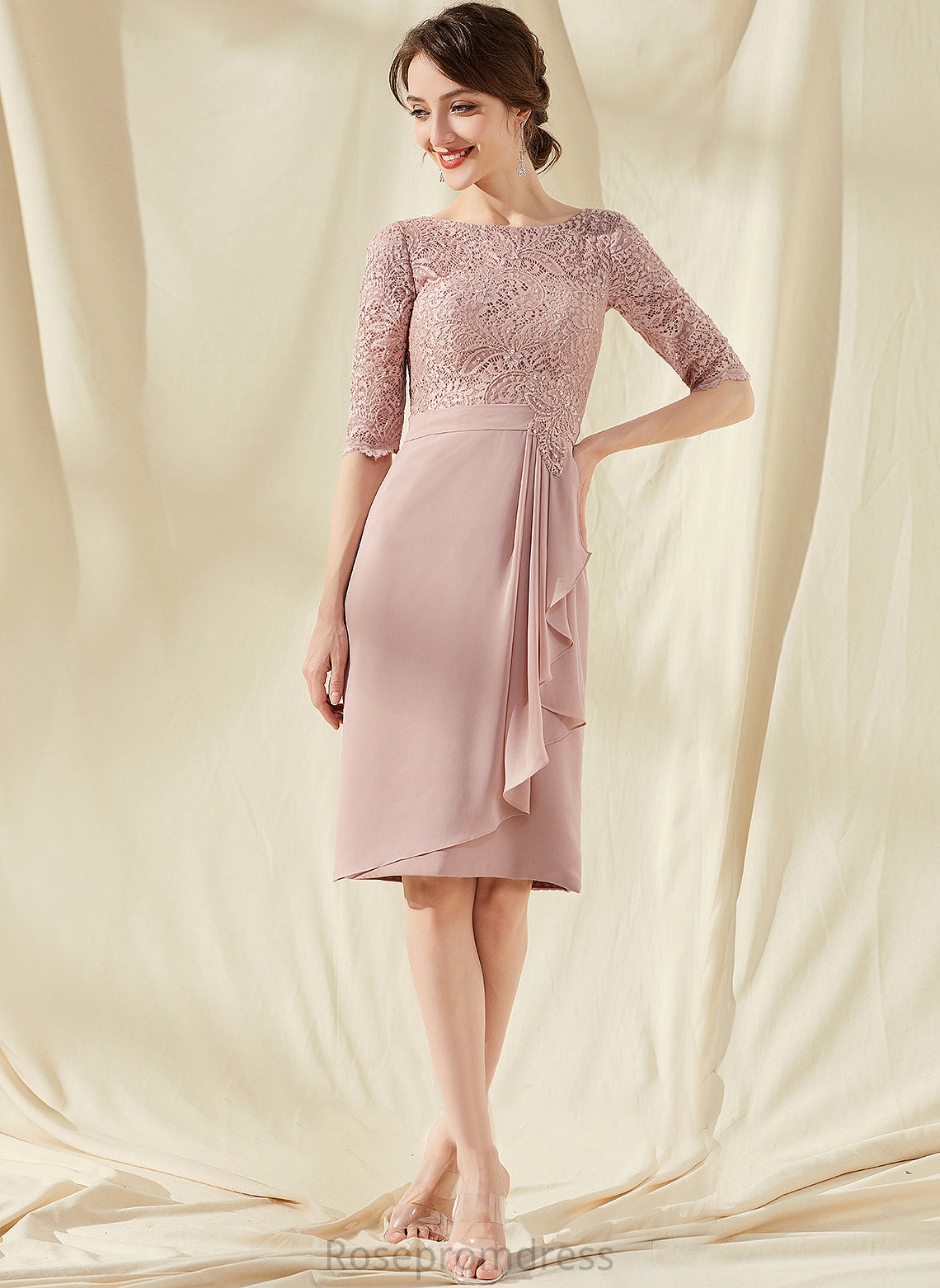 Knee-Length Ruffles Cascading With Neck Chiffon Cocktail Dresses Sheath/Column Scoop Lace Cocktail Abigayle Dress Beading