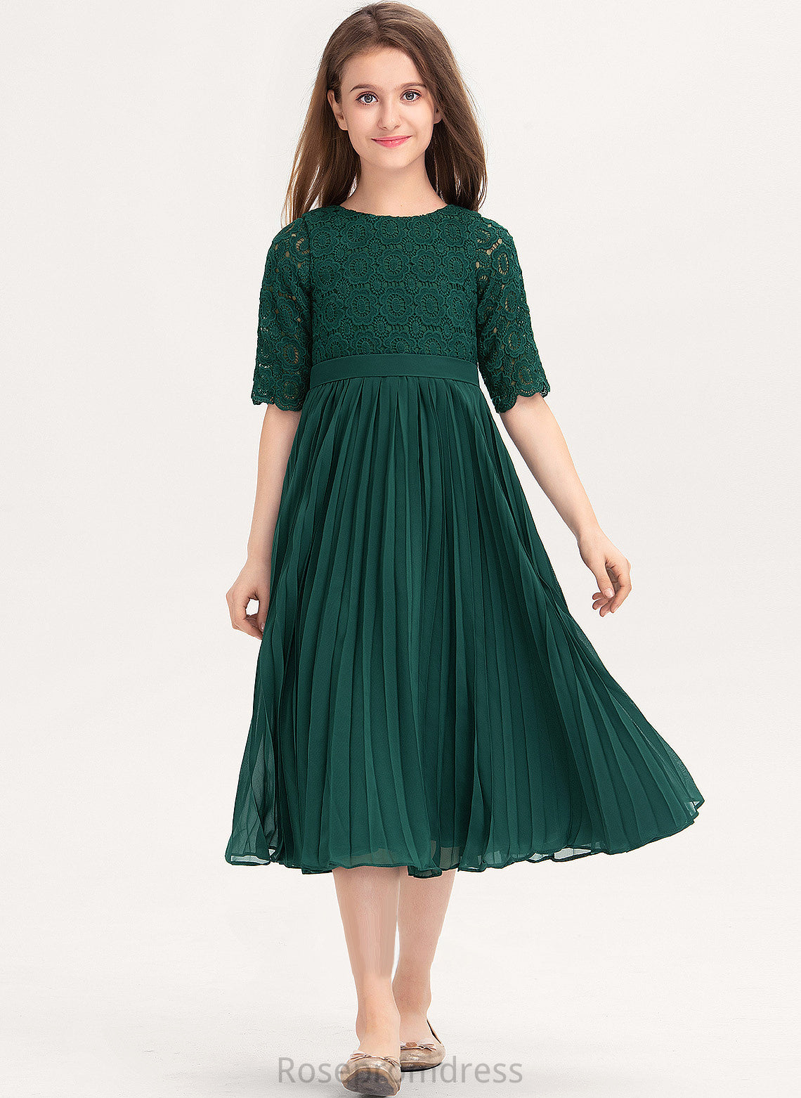 Neck A-Line Fiona With Tea-Length Junior Bridesmaid Dresses Scoop Chiffon Pleated Lace