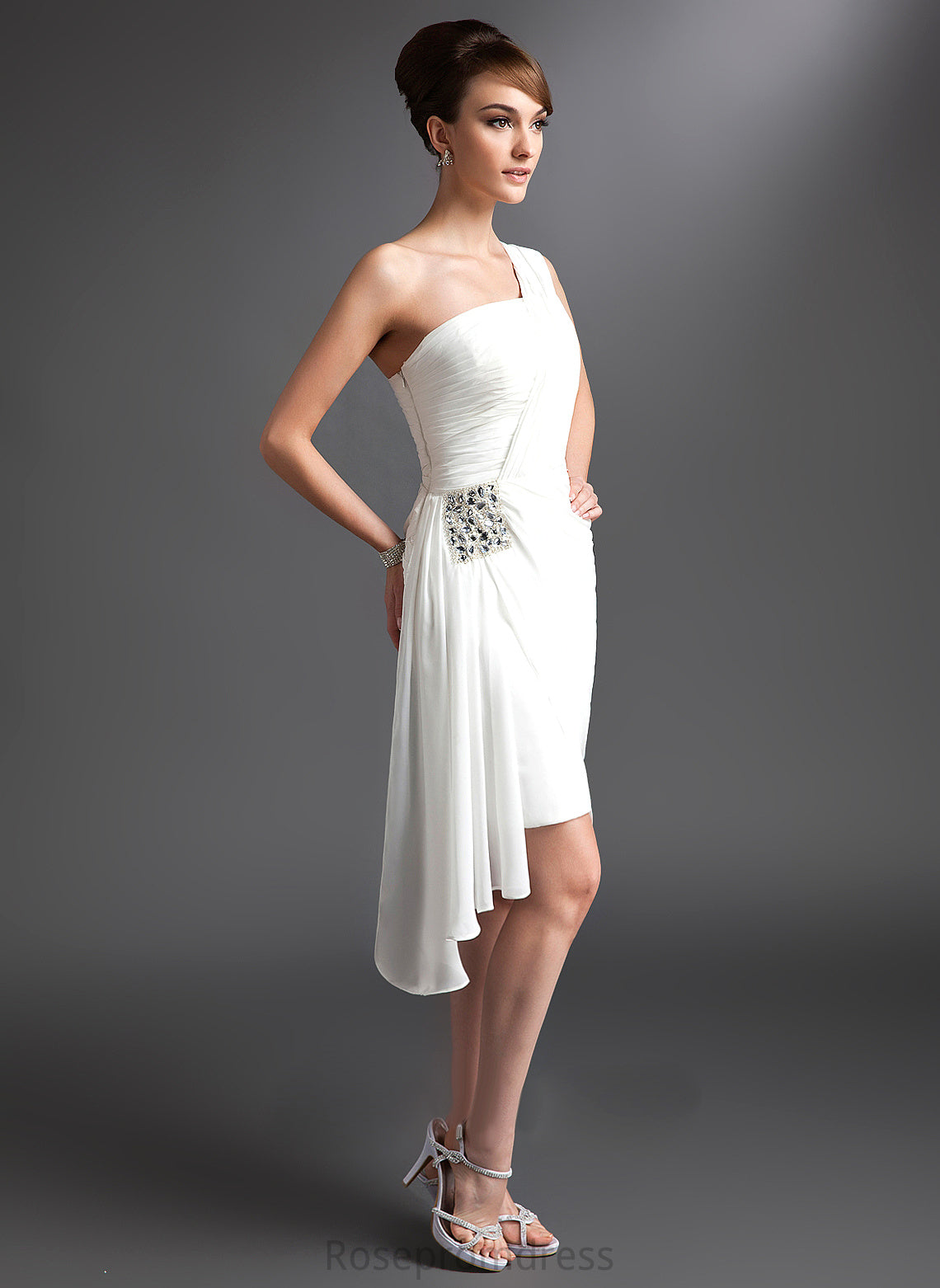 Cocktail Dresses Sheath/Column Cocktail Dress Asymmetrical With Chiffon Emily One-Shoulder Ruffle Beading