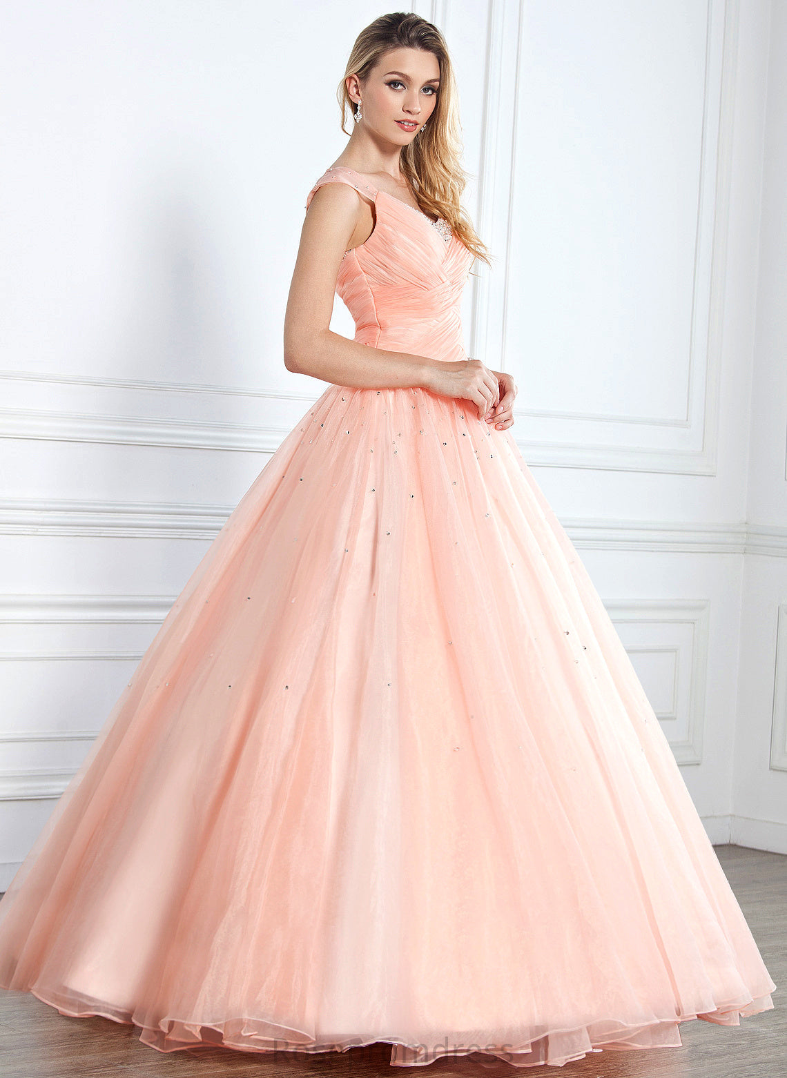 Floor-Length V-neck Josie Organza Ruffle Beading Ball-Gown/Princess With Prom Dresses Sequins