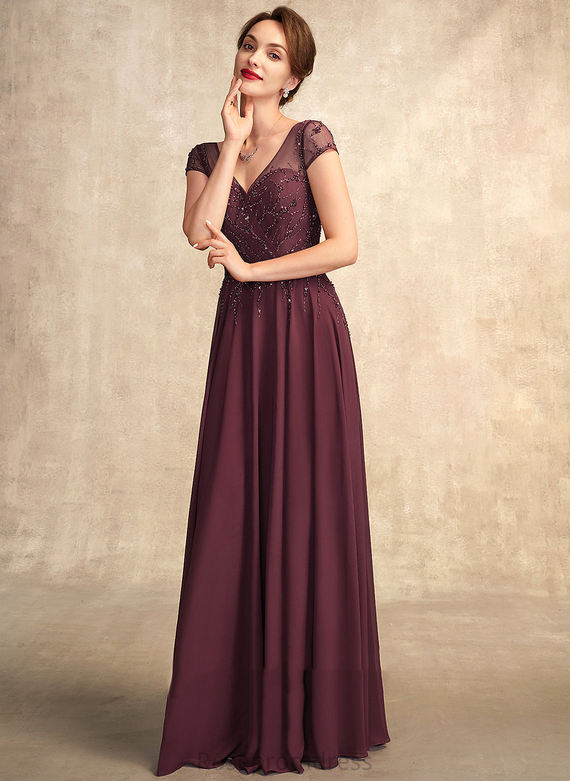 the of Mother Beading A-Line Sequins V-neck Dress Chiffon Mother of the Bride Dresses With Bride Floor-Length Amelia