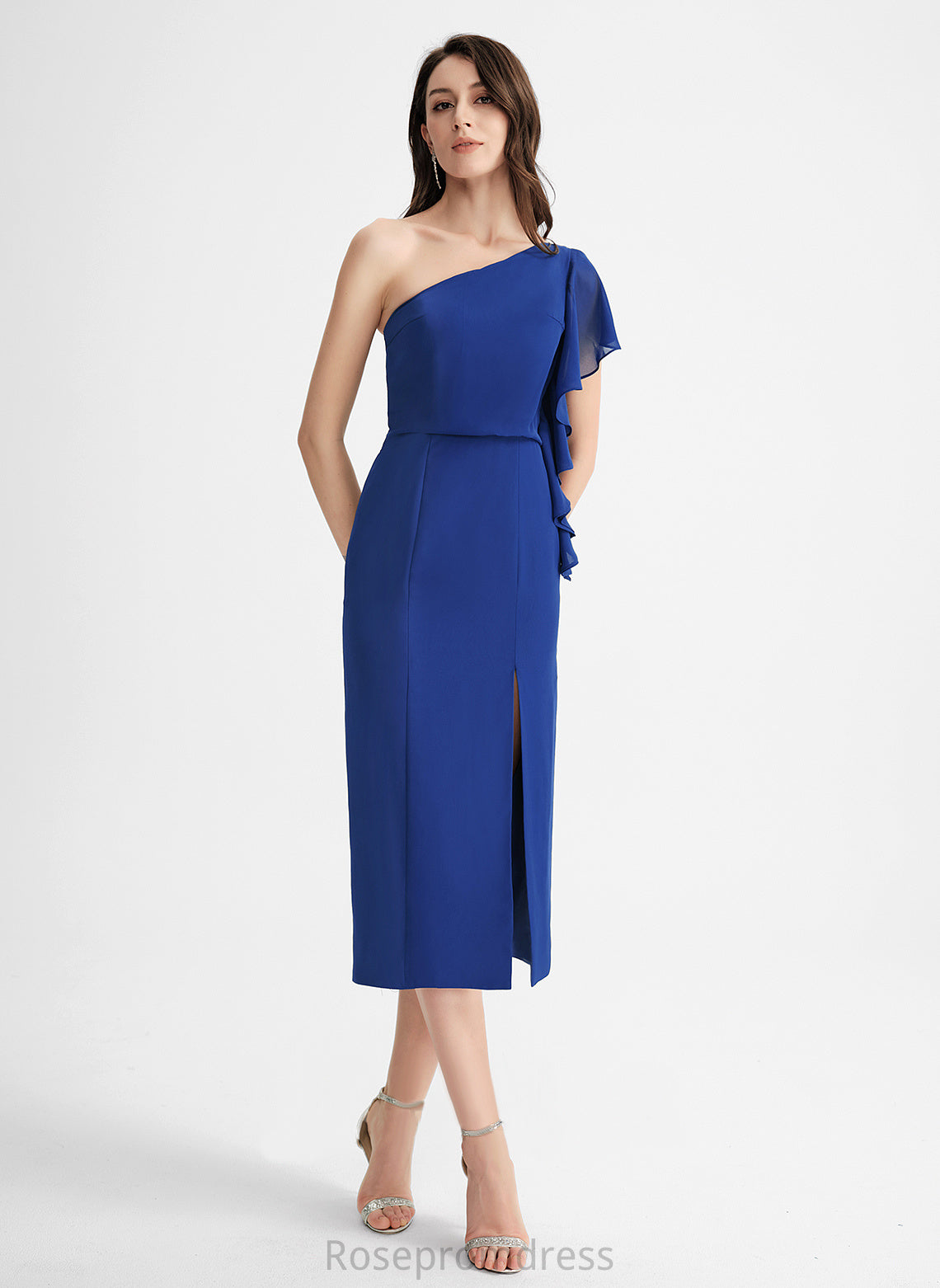 Tea-Length Ruffle One-Shoulder With Chiffon Dress Madilyn Cocktail Sheath/Column Cocktail Dresses