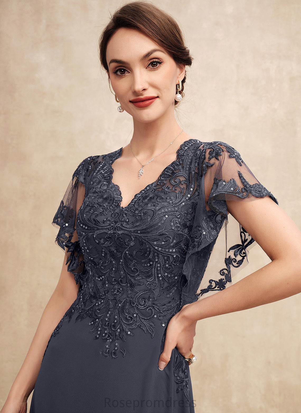 Dress Bride Sequins Lace of Chiffon the Floor-Length V-neck Mother of the Bride Dresses Mother A-Line With Madeline