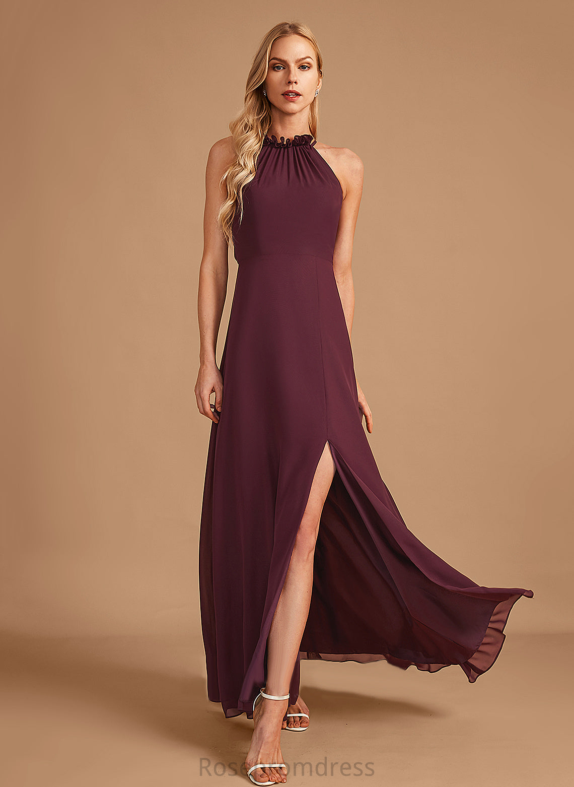 A-Line Length HighNeck Fabric SplitFront Neckline Silhouette Embellishment Floor-Length Selah Natural Waist Sleeveless Bridesmaid Dresses