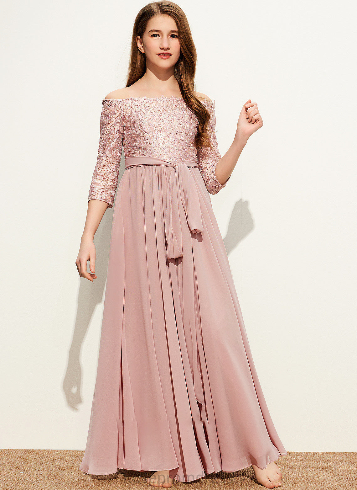 With A-Line Floor-Length Corinne Junior Bridesmaid Dresses Chiffon Lace Off-the-Shoulder Bow(s)