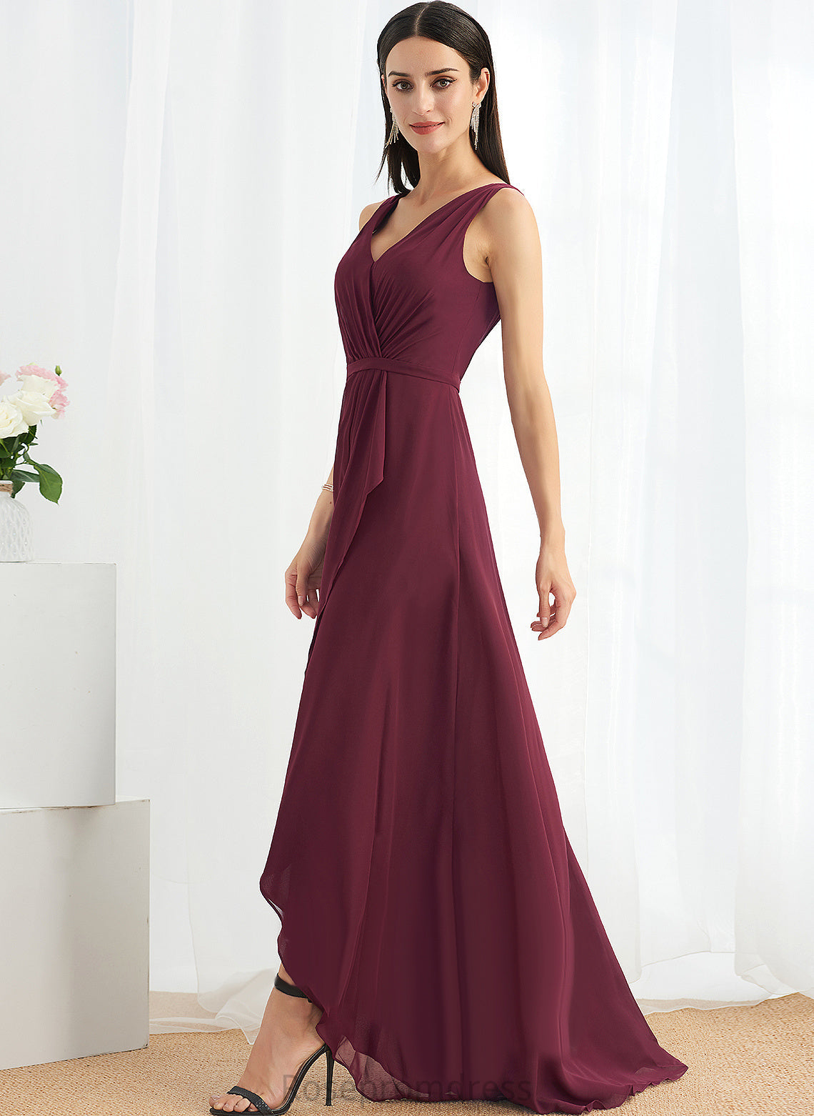 V-Neck A-line Neckline Silhouette Length Asymmetrical Fabric Straps&Sleeves Charlize Sleeveless Floor Length A-Line/Princess Bridesmaid Dresses