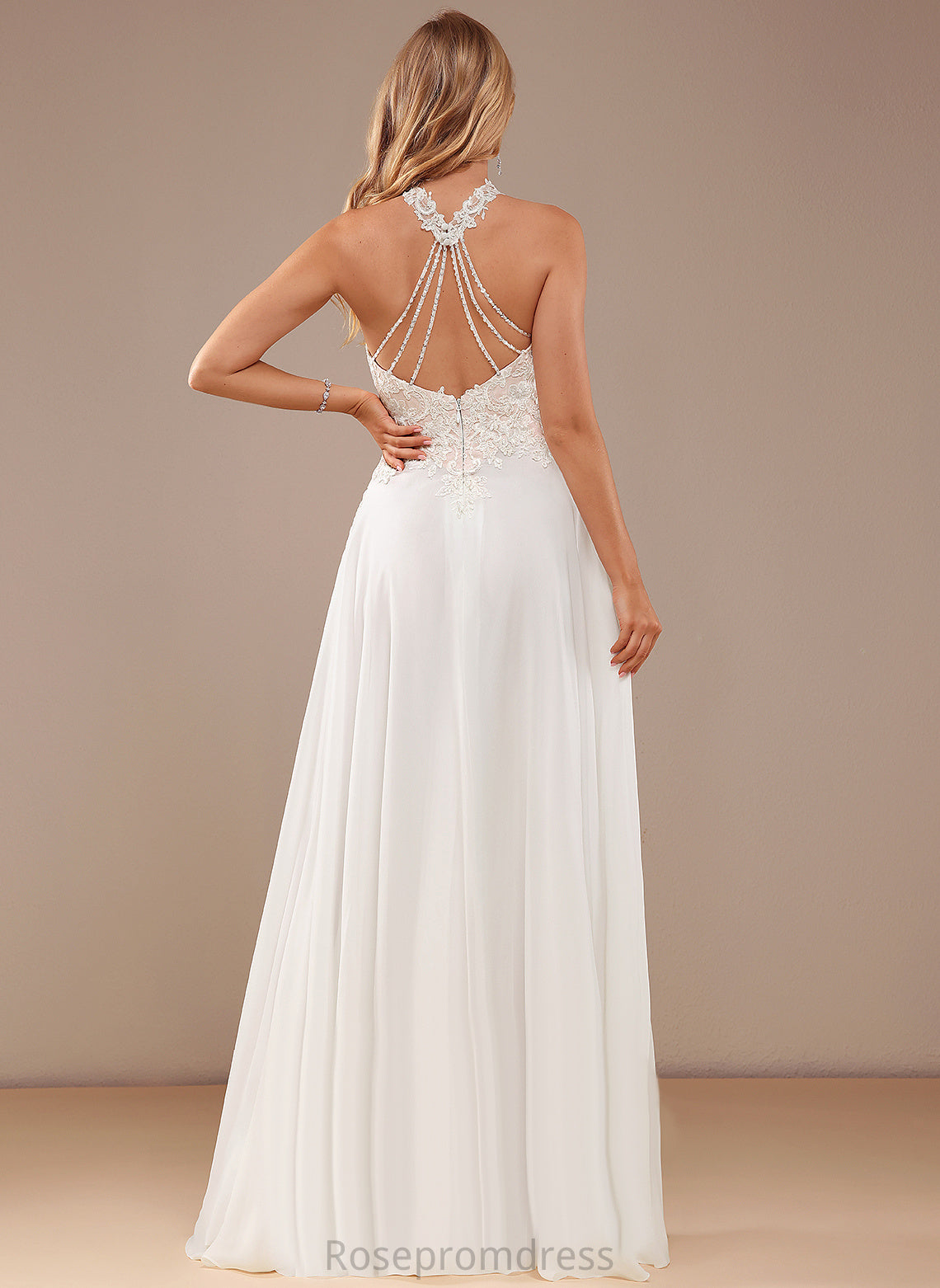 Wedding Dresses High Lace Chiffon A-Line Neck Beading Sequins Dress Floor-Length Wedding Jazlynn With