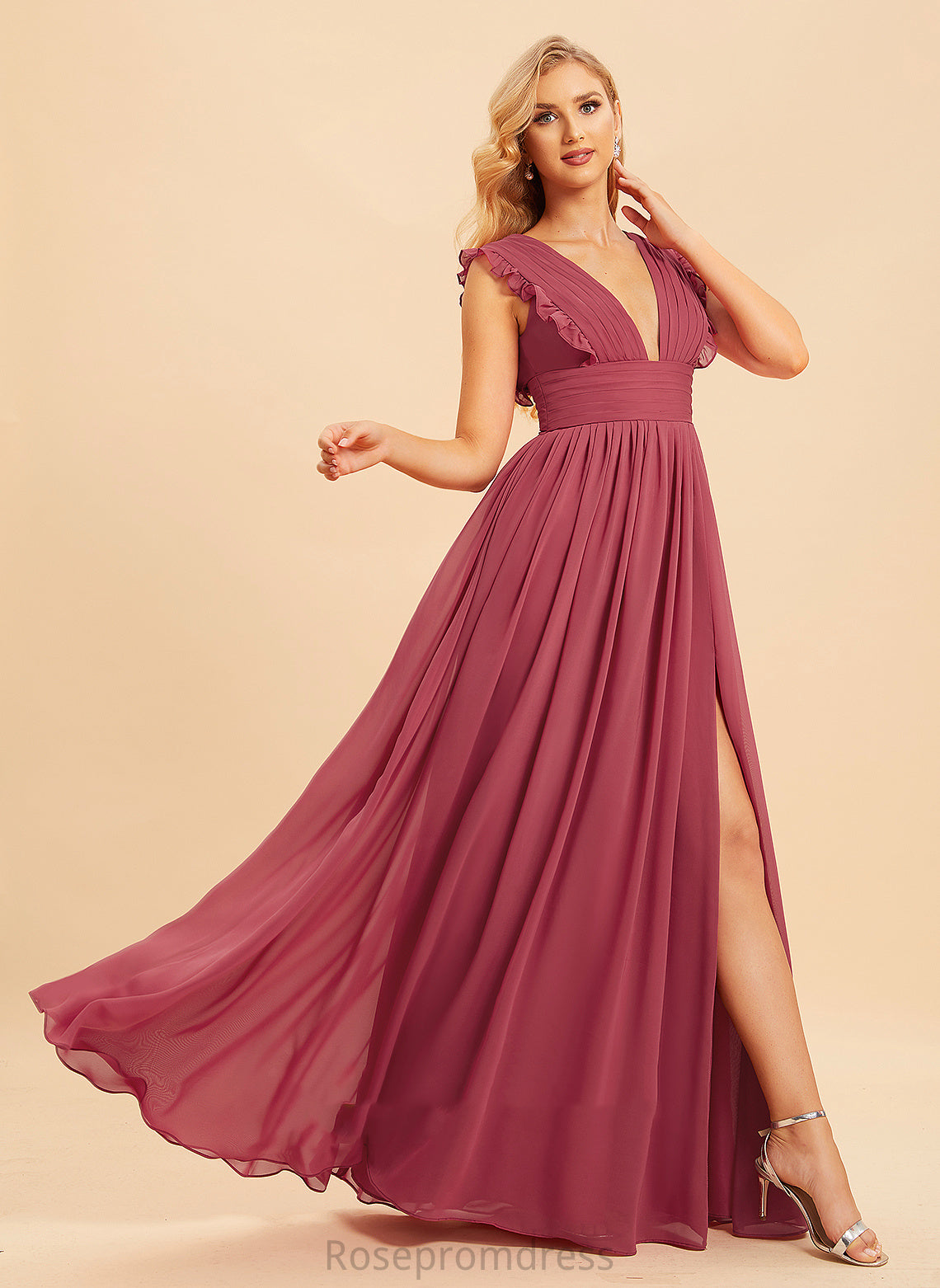 A-Line Fabric Length Ruffle SplitFront Silhouette Embellishment Neckline V-neck Floor-Length Gwen Bridesmaid Dresses