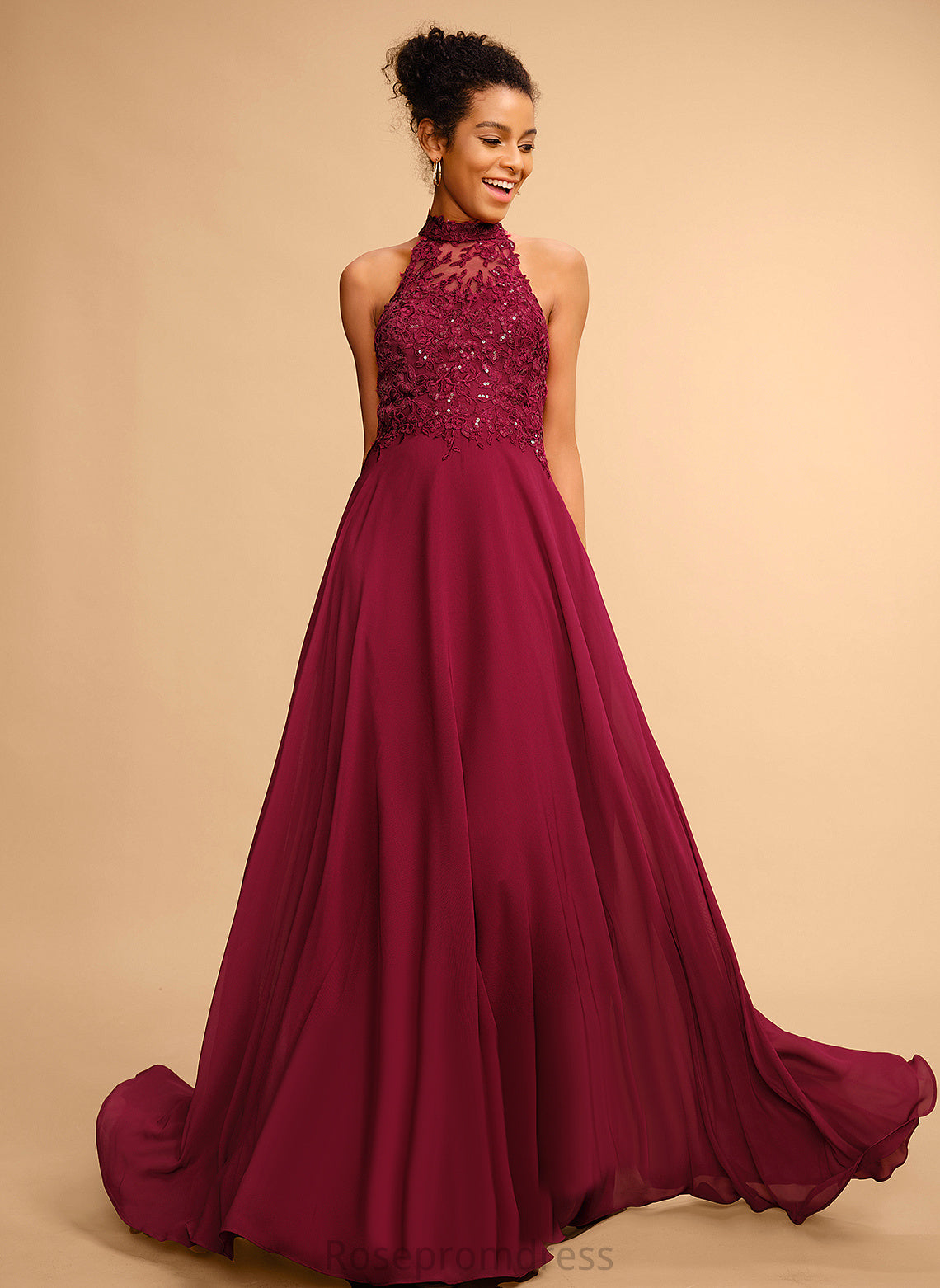 Chiffon A-Line Halter Lace Prom Dresses With Floor-Length Sequins Charlize