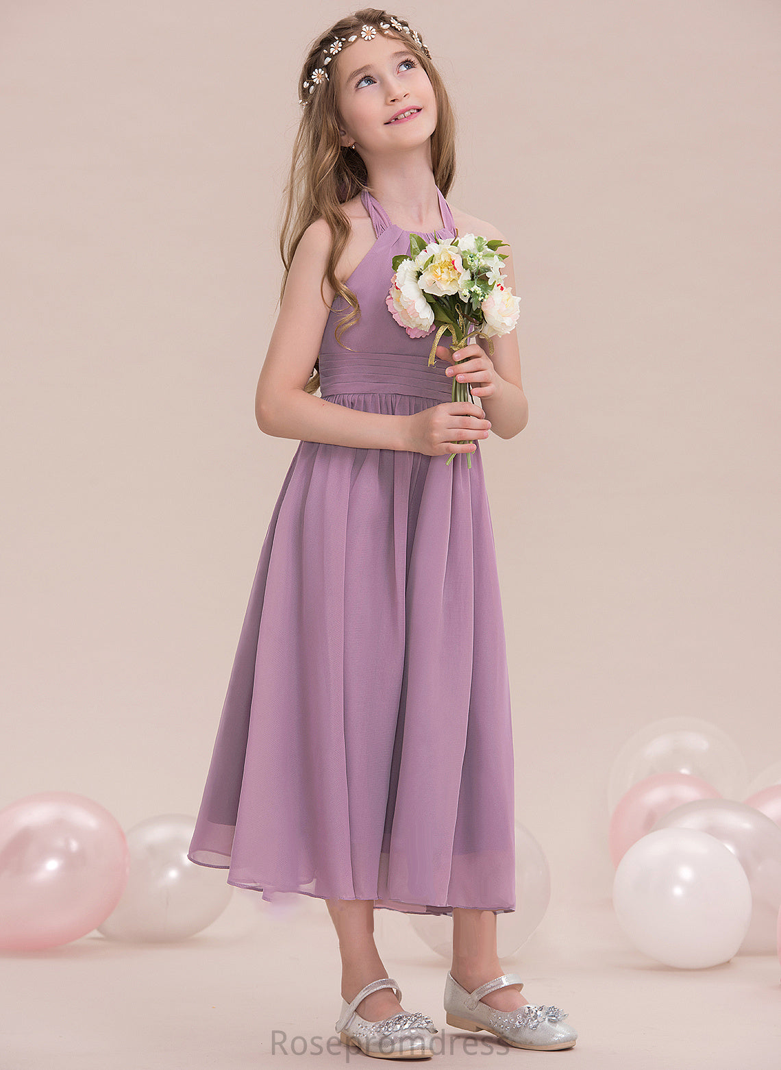 Kailey Junior Bridesmaid Dresses With Halter A-Line Ruffle Chiffon Tea-Length