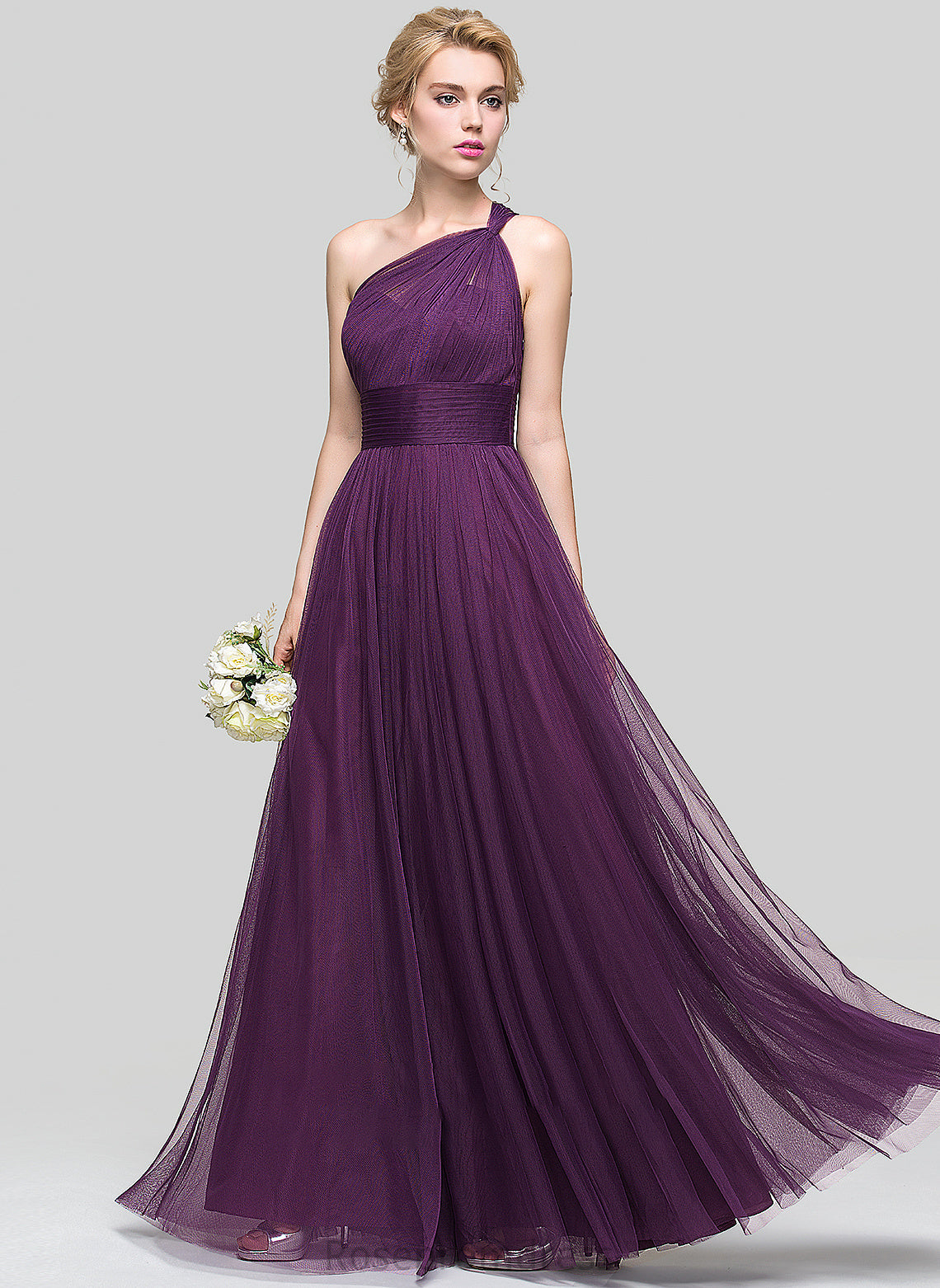 One-Shoulder Tulle A-Line Ruffle Kinsley With Floor-Length Prom Dresses