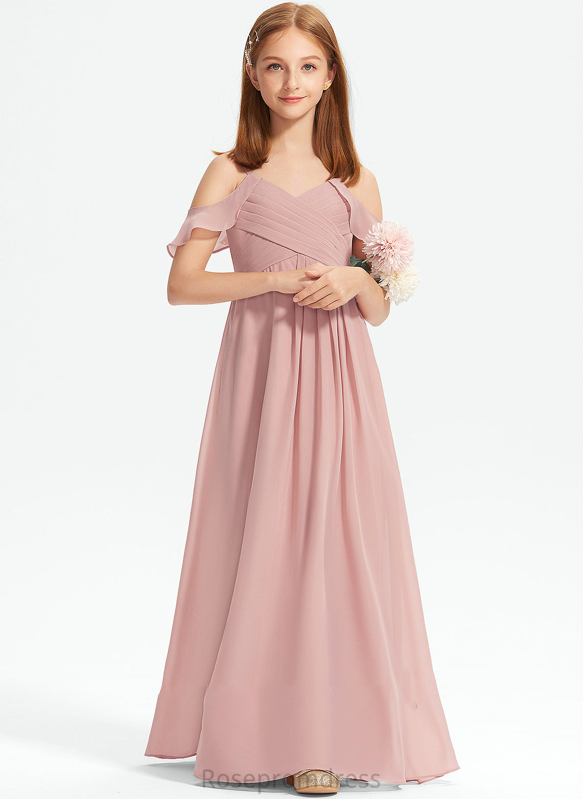 Junior Bridesmaid Dresses A-Line With Off-the-Shoulder Cascading Karen Ruffles Floor-Length Chiffon