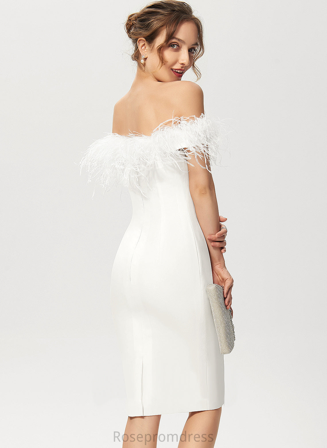 Cocktail With Tatum Knee-Length Feather Crepe Stretch Dress Off-the-Shoulder Sheath/Column Cocktail Dresses