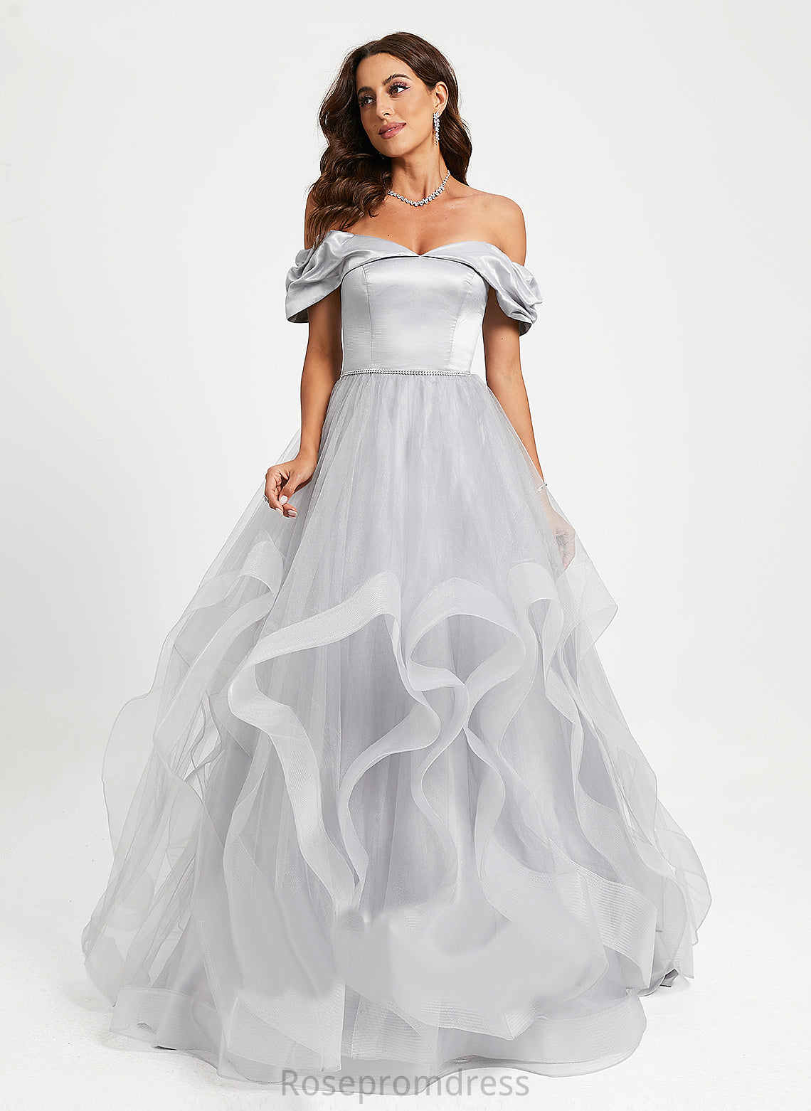 Izabelle Train Tulle Off-the-Shoulder Ball-Gown/Princess Satin Prom Dresses Sweep