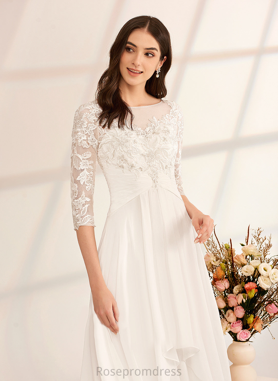 Wedding Dresses A-Line Chiffon Lace Ruffle Floor-Length Katherine Wedding Illusion Dress With Beading