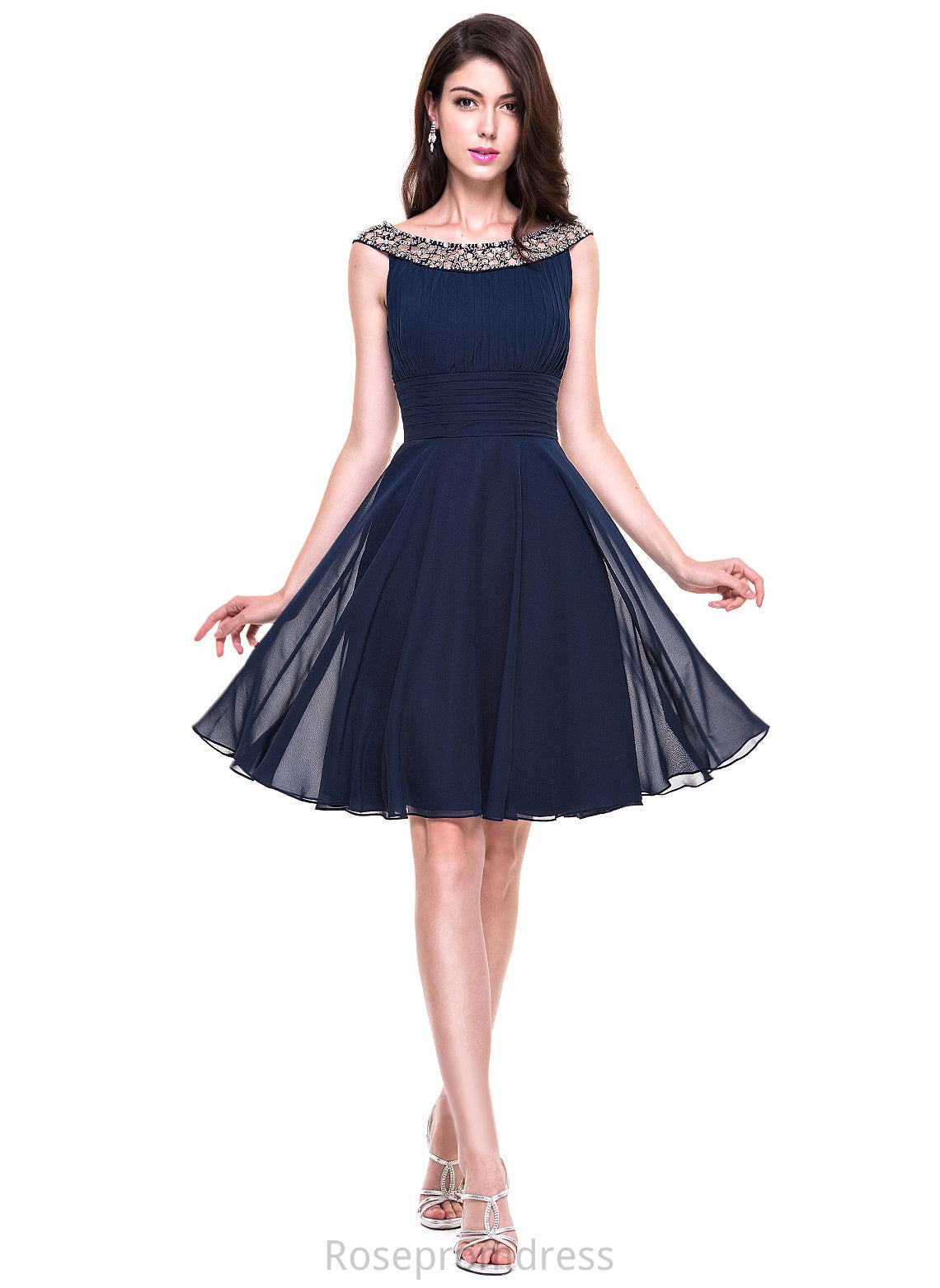 Beading Gianna Scoop A-Line Knee-Length Ruffle Cocktail Dresses Chiffon With Cocktail Neck Dress