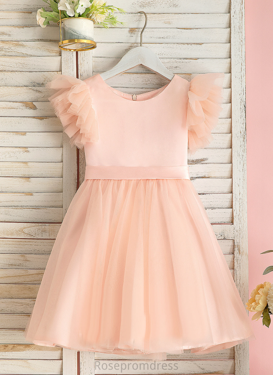 Tulle - Knee-length Sleeves Miya Neck A-Line Flower Girl Dresses Dress Short Scoop Flower Girl